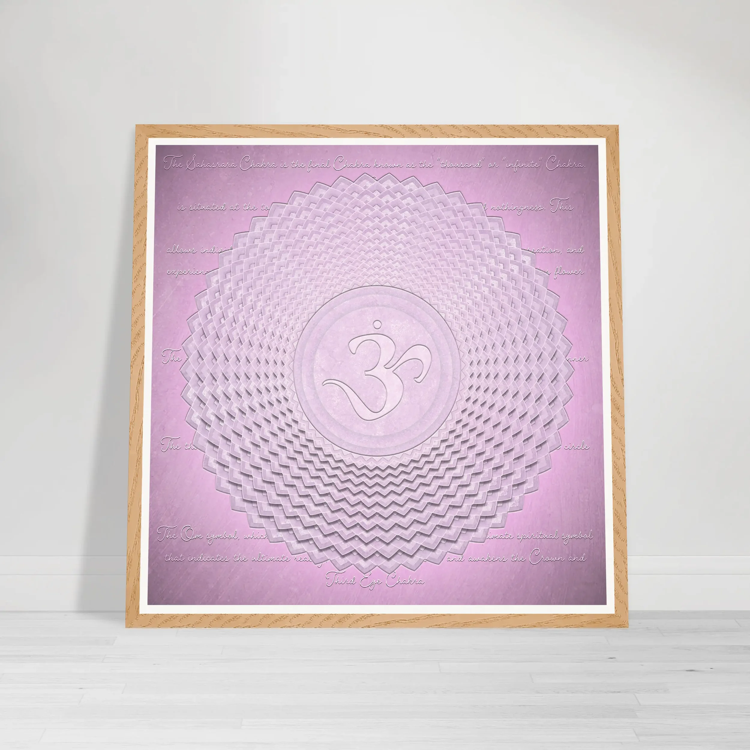 Violet Crown Chakra mandala art featuring layered lotus geometry and an Om symbol, representing Sahasrara and higher consciousness Wood Frame