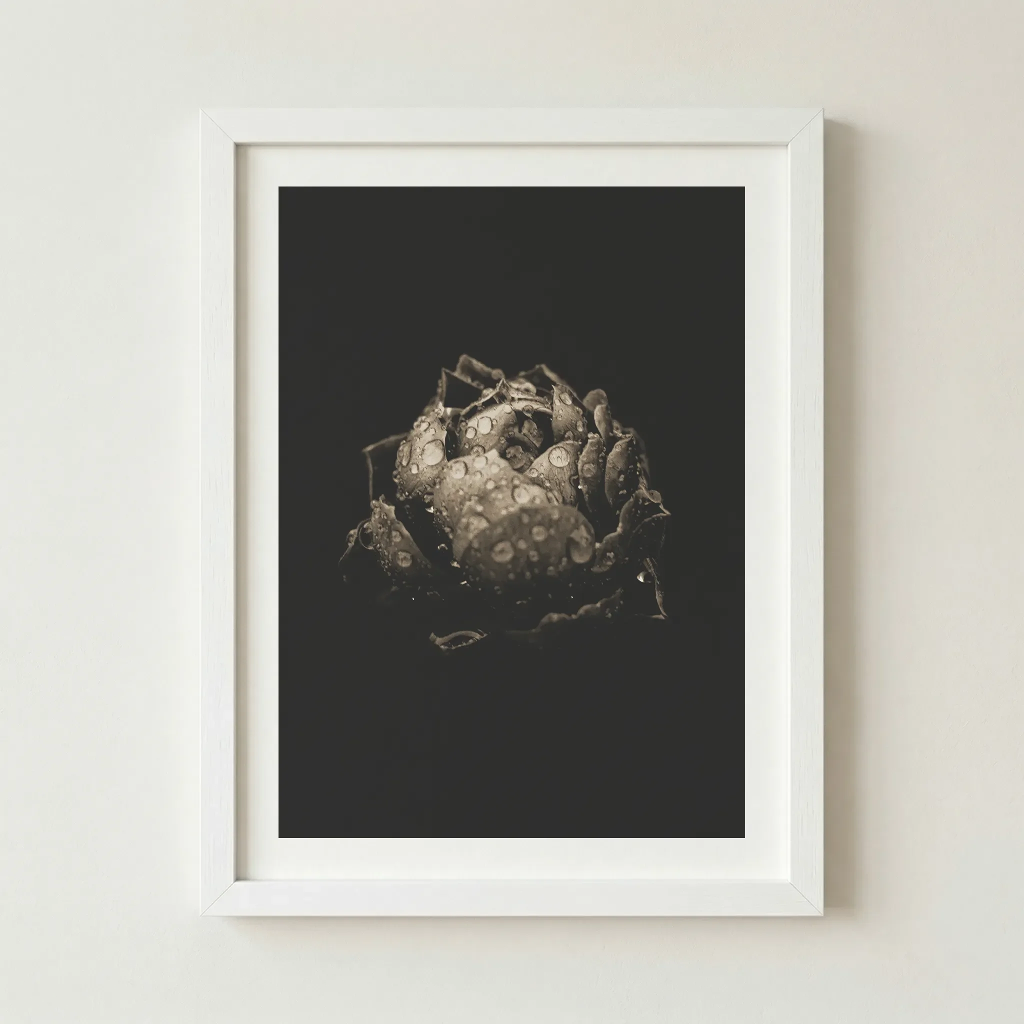 The floral poppy print in a modern white frame, creating a clean, airy look that emphasises the softness of the hazy background.