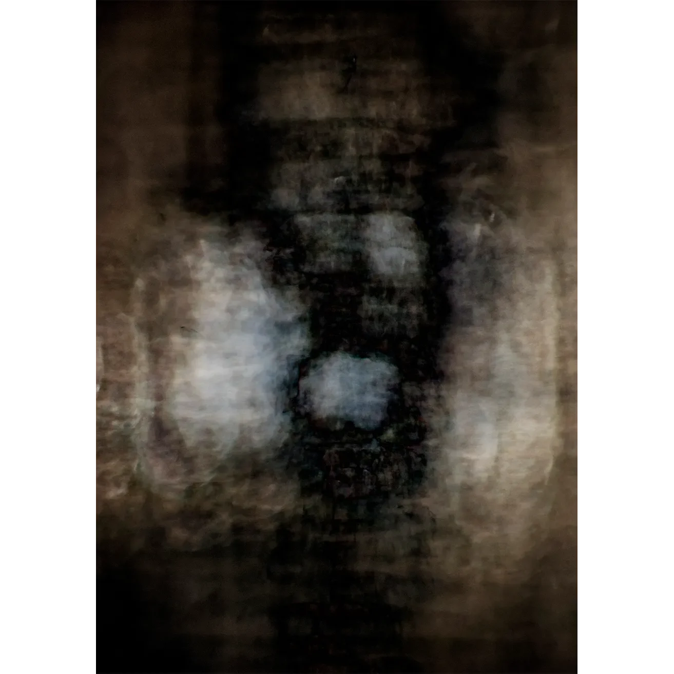 Abstract fine art print of a dark, fractured organic structure surrounded by heavy sepia textures and shadows.