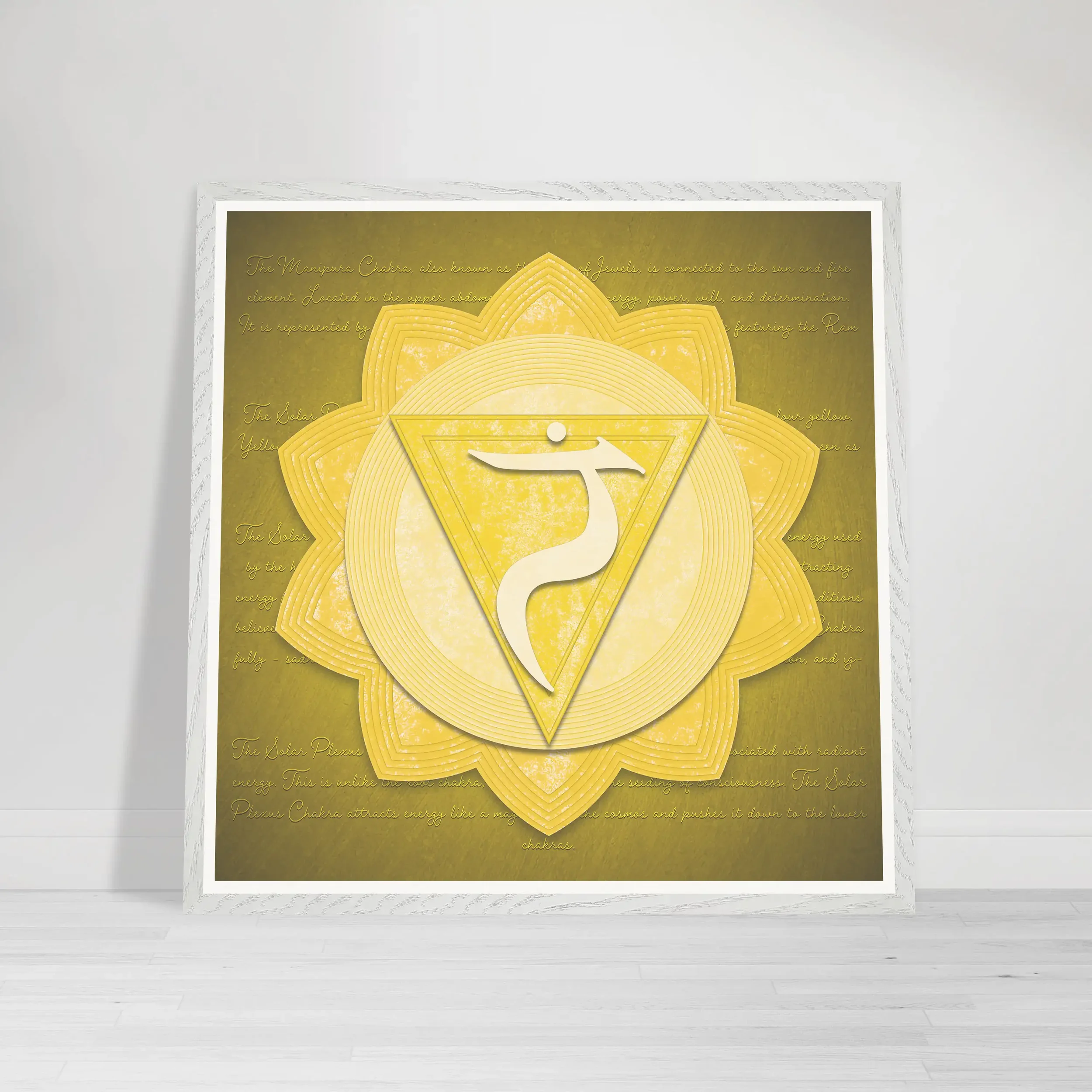 Solar Plexus Chakra Black White Frame fine art print – radiant yellow artwork symbolising Manipura energy, confidence, personal power, and inner strength