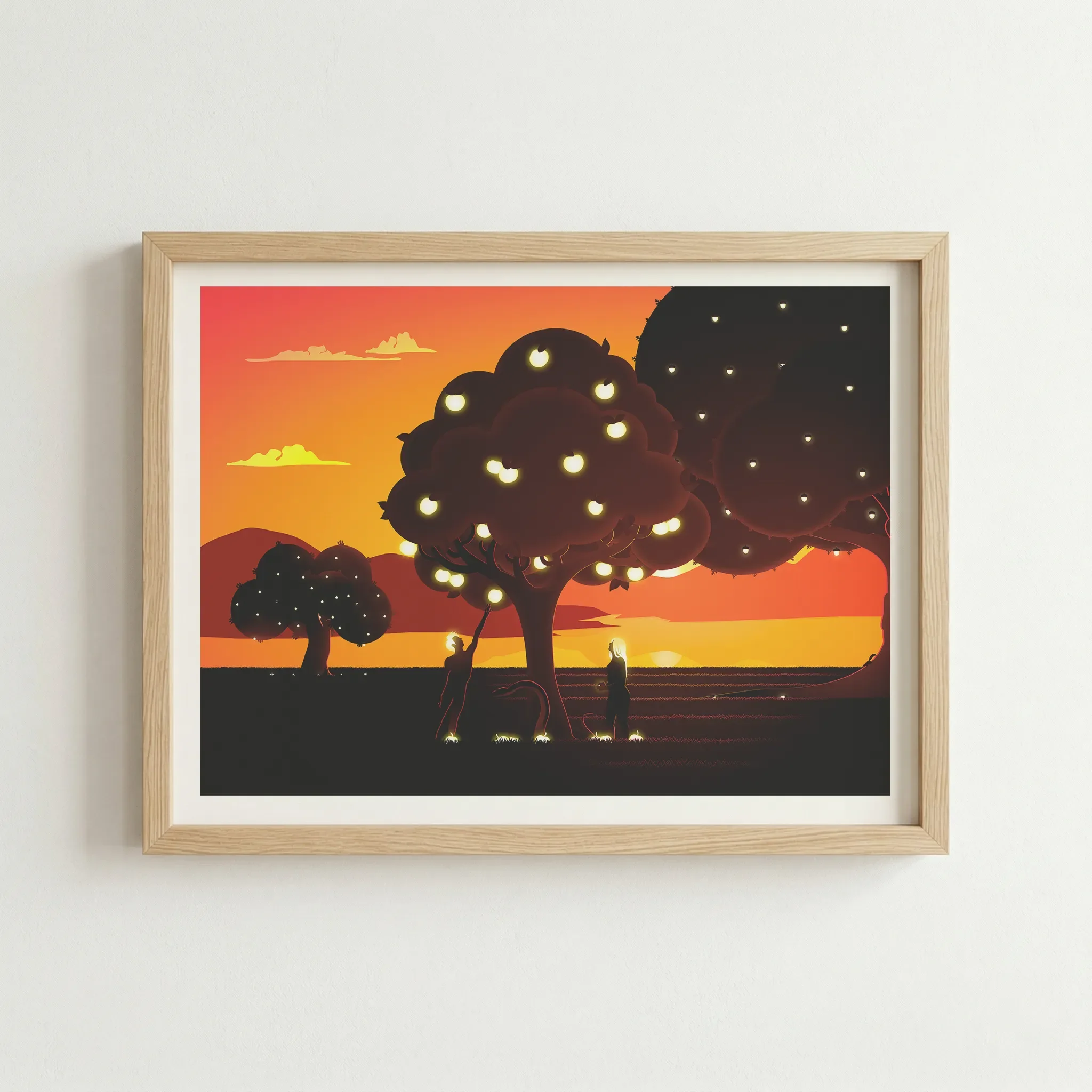 Apple of Eden sunset art in a natural wood frame, complementing the warm golden tones of the sunset with an organic, earthy aesthetic.