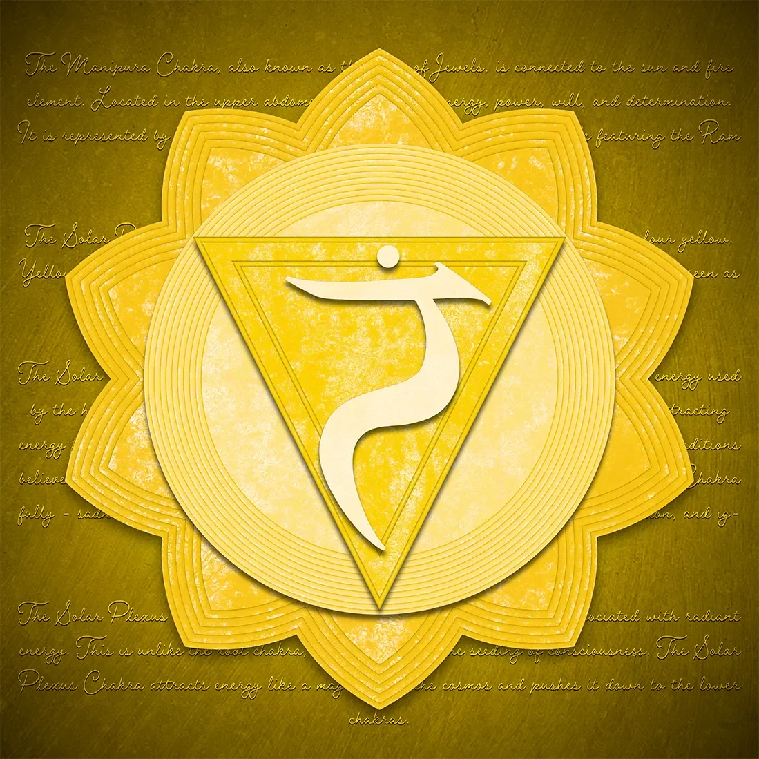 Discover the Solar Plexus Chakra fine art print. A radiant spiritual artwork featuring luminous yellow and golden geometric patterns symbolising personal power.