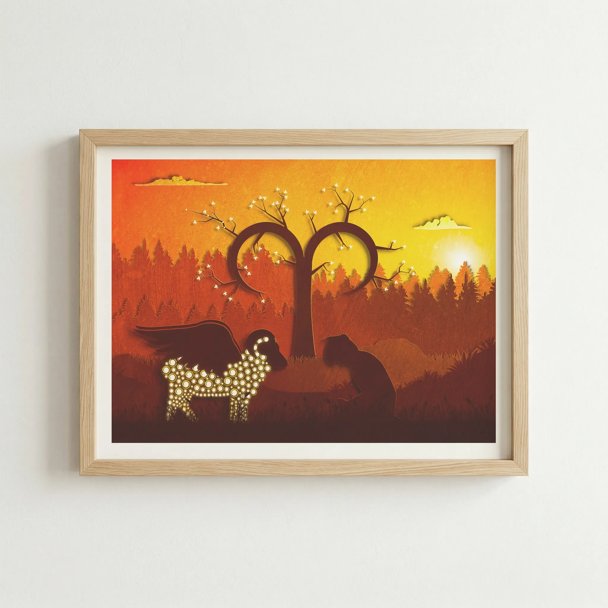 Natural wood framed Aries celestial art print leaning on a shelf in a warm, earthy sacred space.