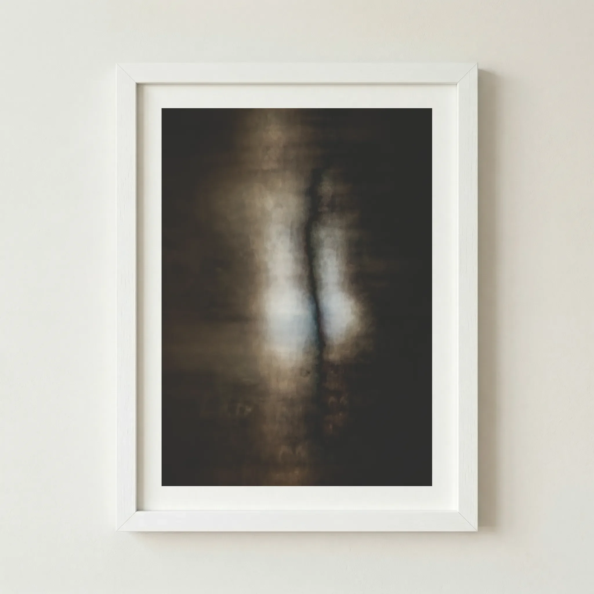 Modern abstract 'Creation' print in a white frame, creating a sharp, clean border that emphasises the cool-toned highlights of the twin lights.