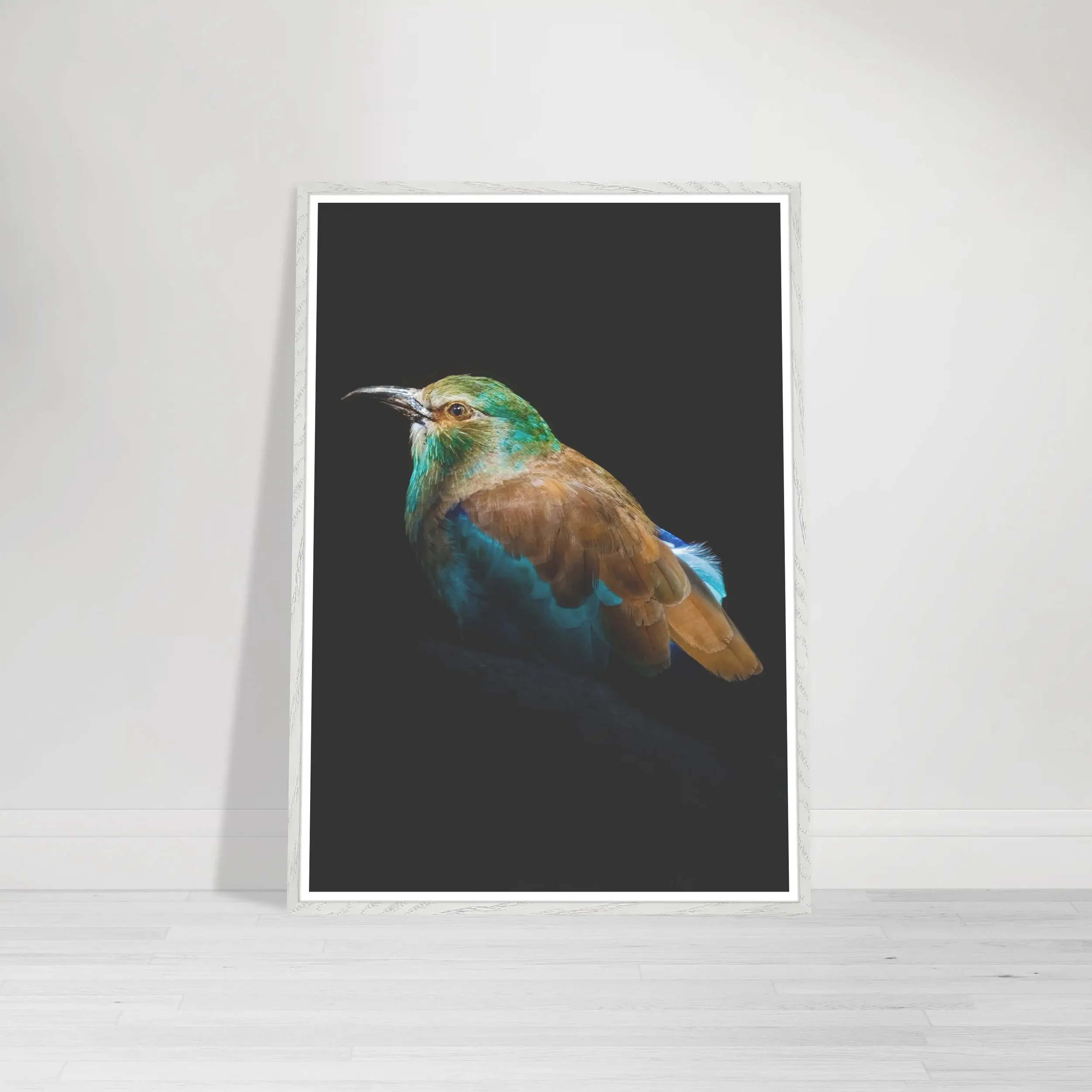 'European Roller' fine art print in a white frame, providing a crisp, modern border that emphasises the bright turquoise and azure tones.