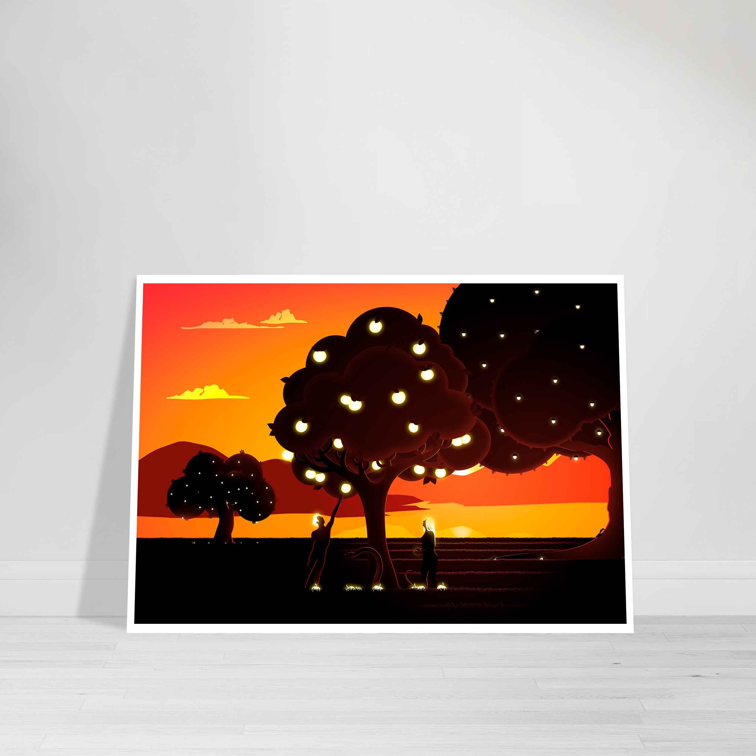 Apple of Eden fine art print – symbolic artwork featuring glowing apple, golden serpents, and mystical energy representing spiritual transformation
