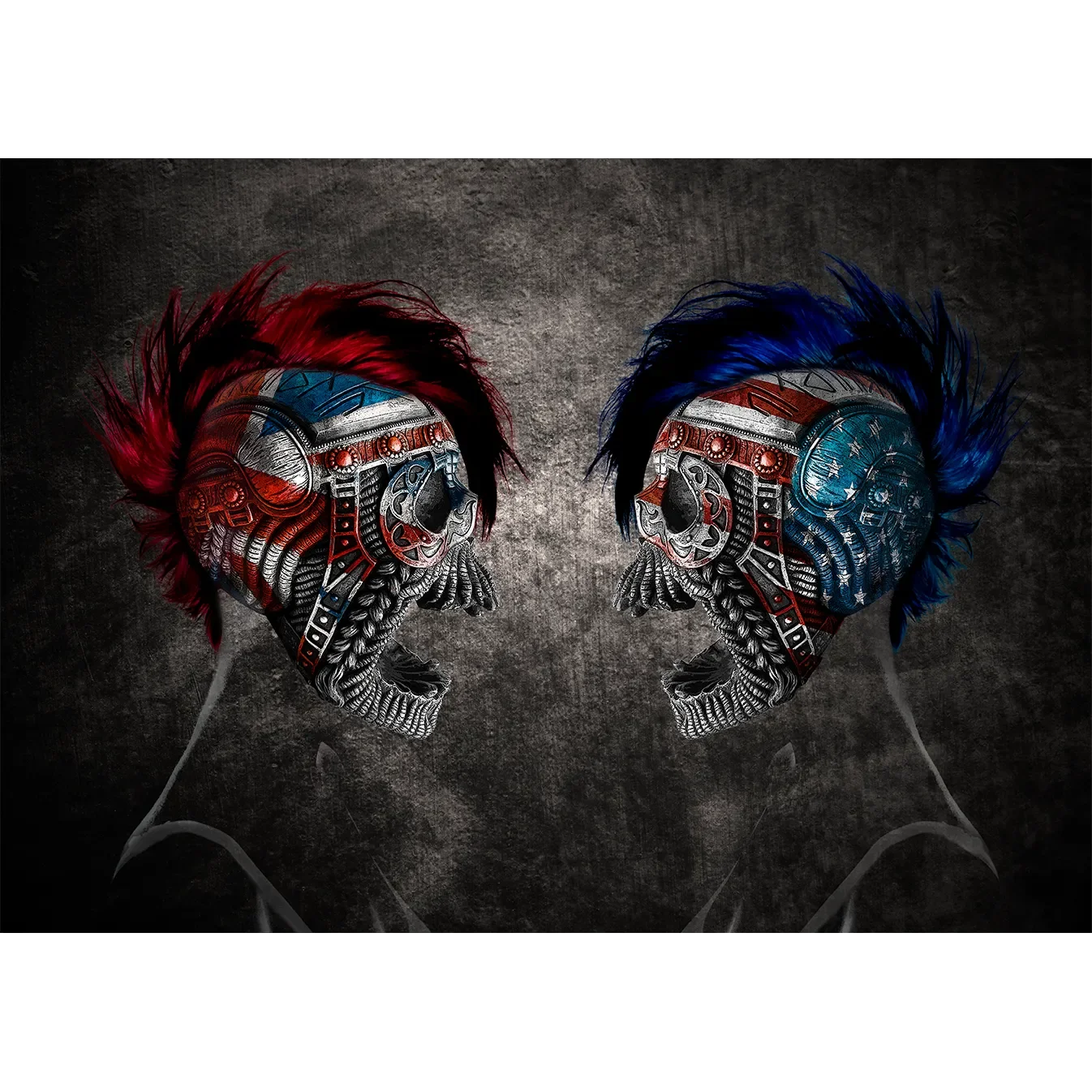 Biomechanical fine art print of two screaming metallic skulls with red and blue mohawks locked in a gritty face-off.