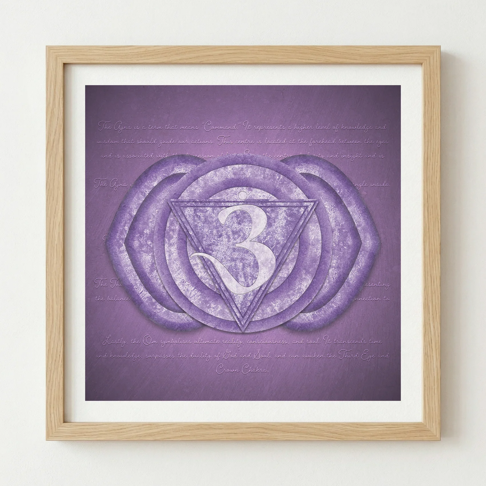 Spiritual Third Eye Chakra print in a natural wood premium frame, offering a warm and organic vibe.