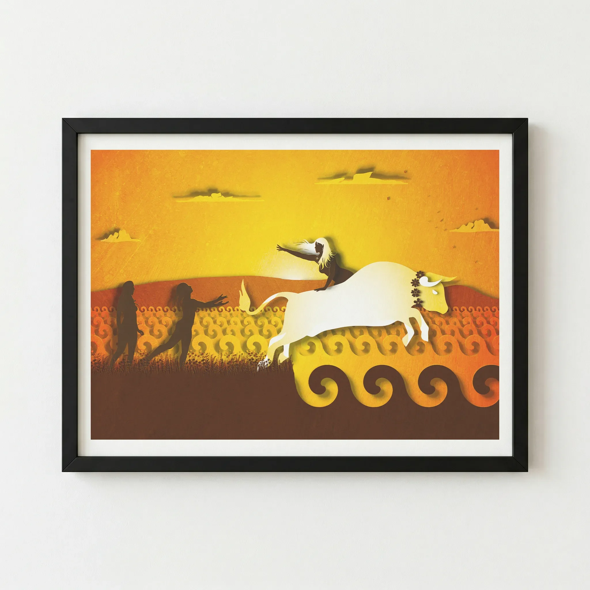 The 'Taurus' print in a black wooden frame, providing a bold, modern boundary that makes the white bull and golden sun feel exceptionally luminous.