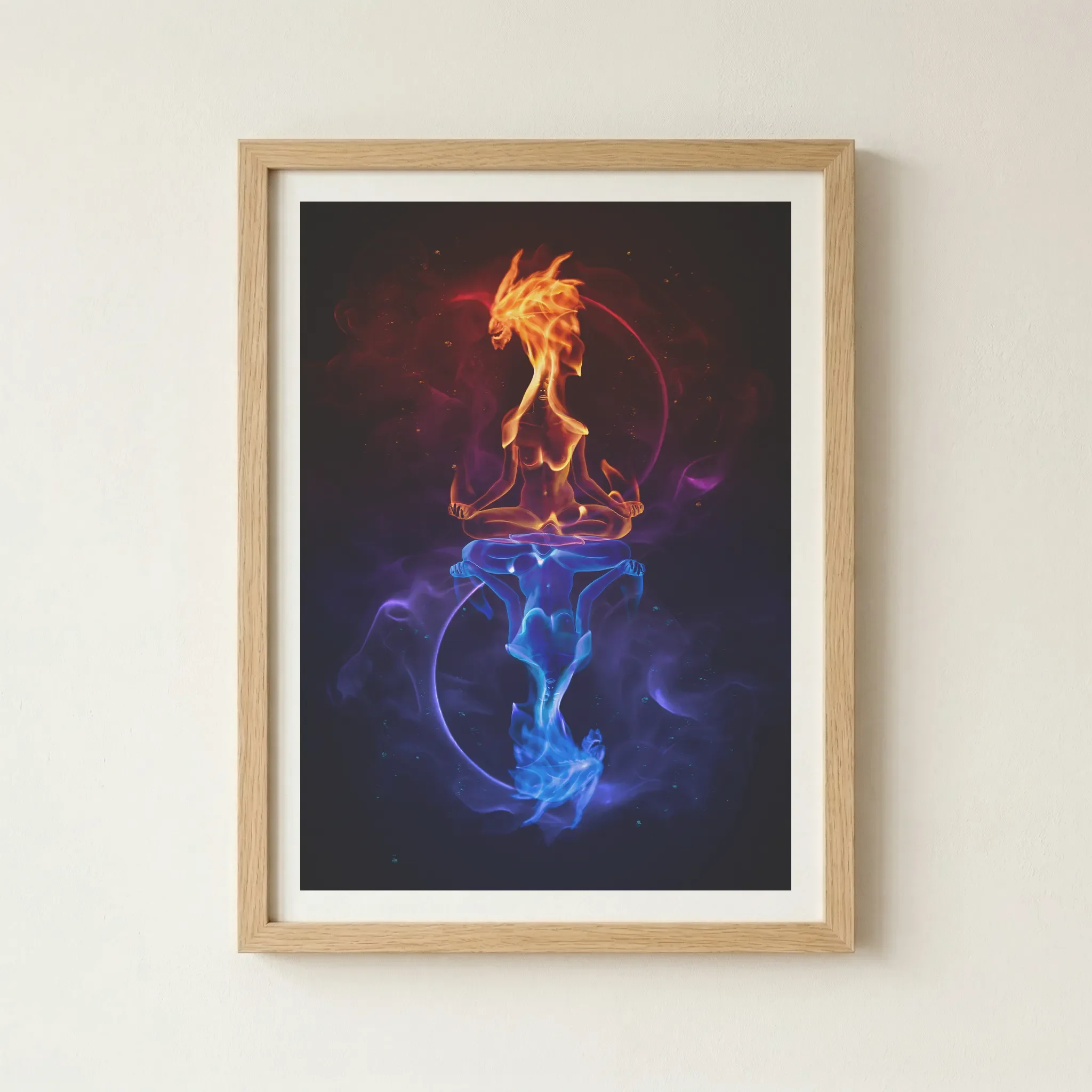 'Meditation of Reflection' print in a natural wood frame, adding an organic, grounded element to the ethereal elemental theme.