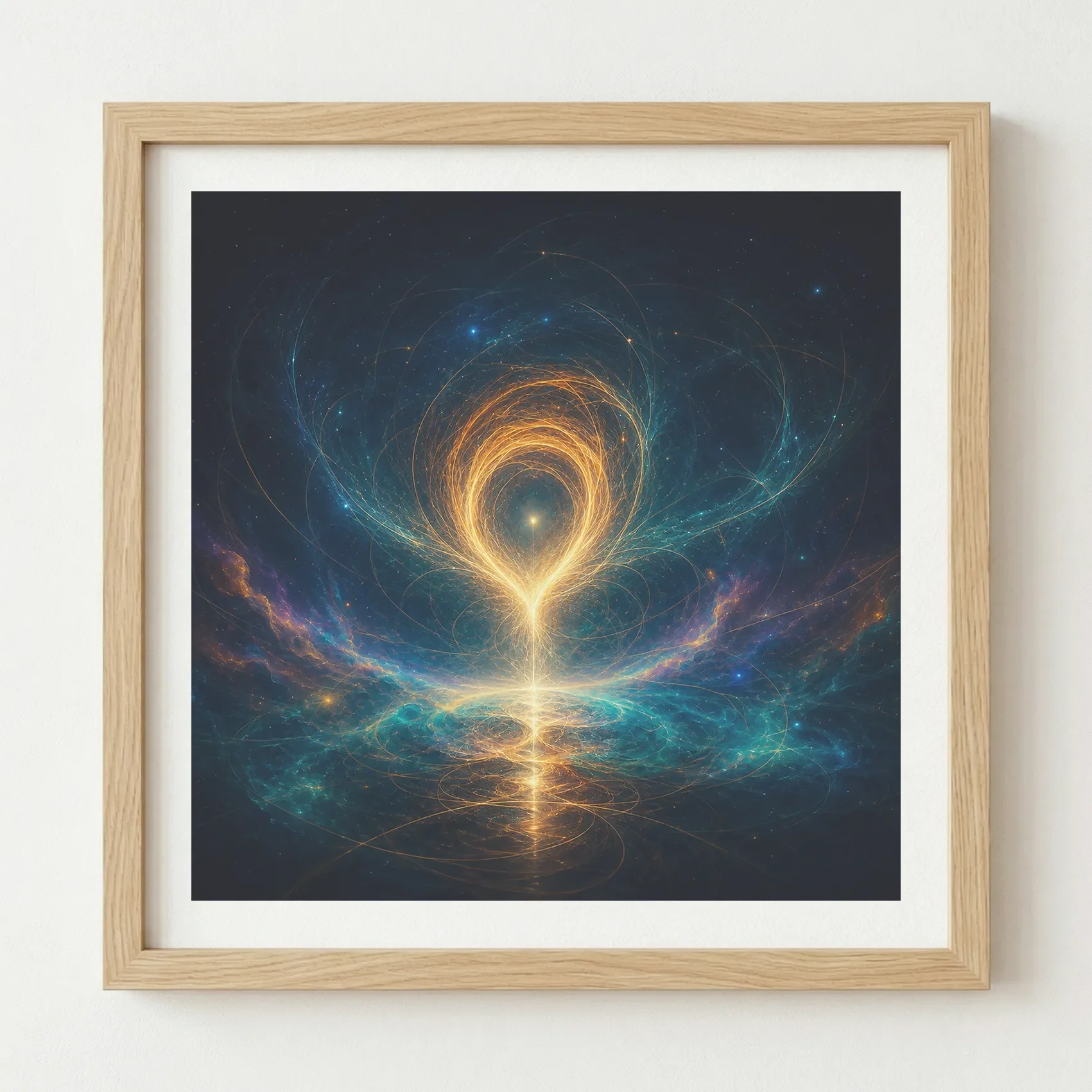 A single golden thread rises from a field of deep blue darkness, gathering energy as it curls inward and begins to take form. Wood Frame Print