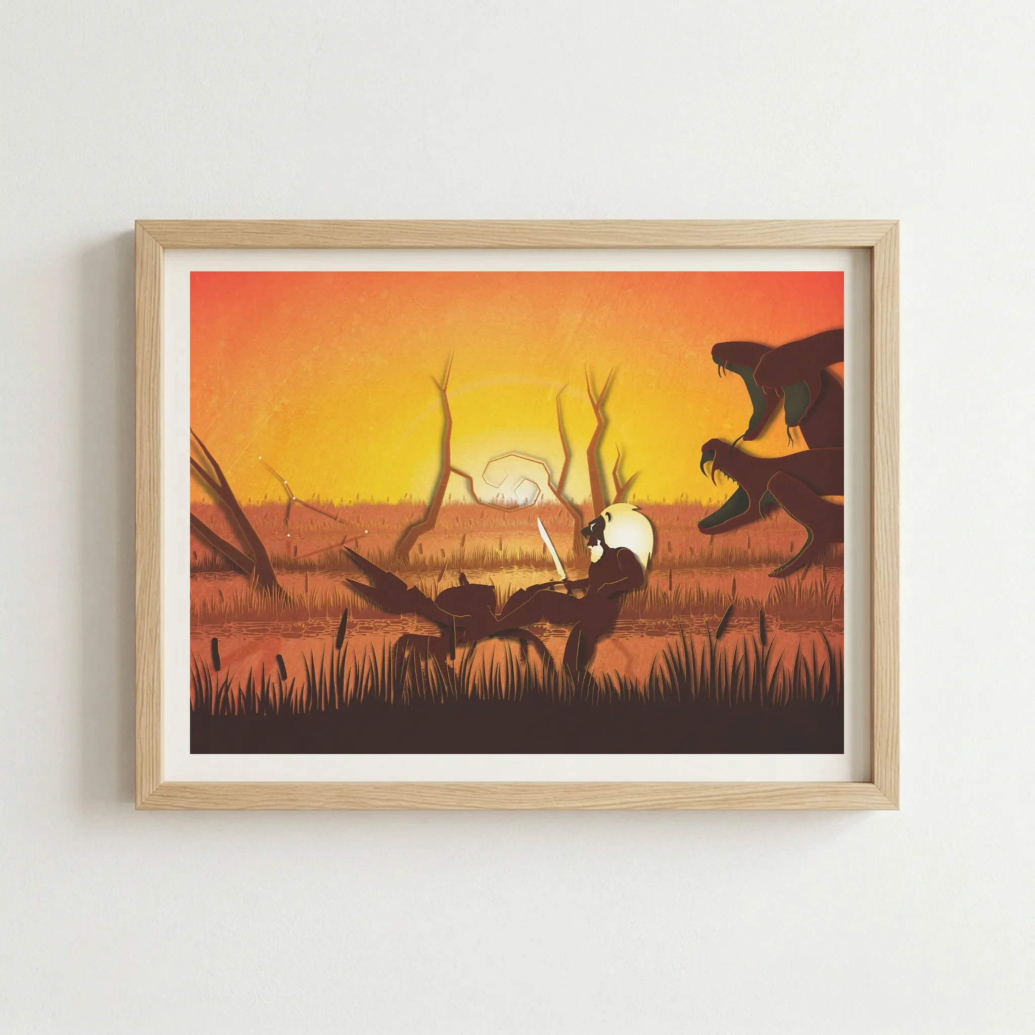 Zodiac art in a natural wood frame, complementing the organic marshland textures and the warm, earthy orange tones.