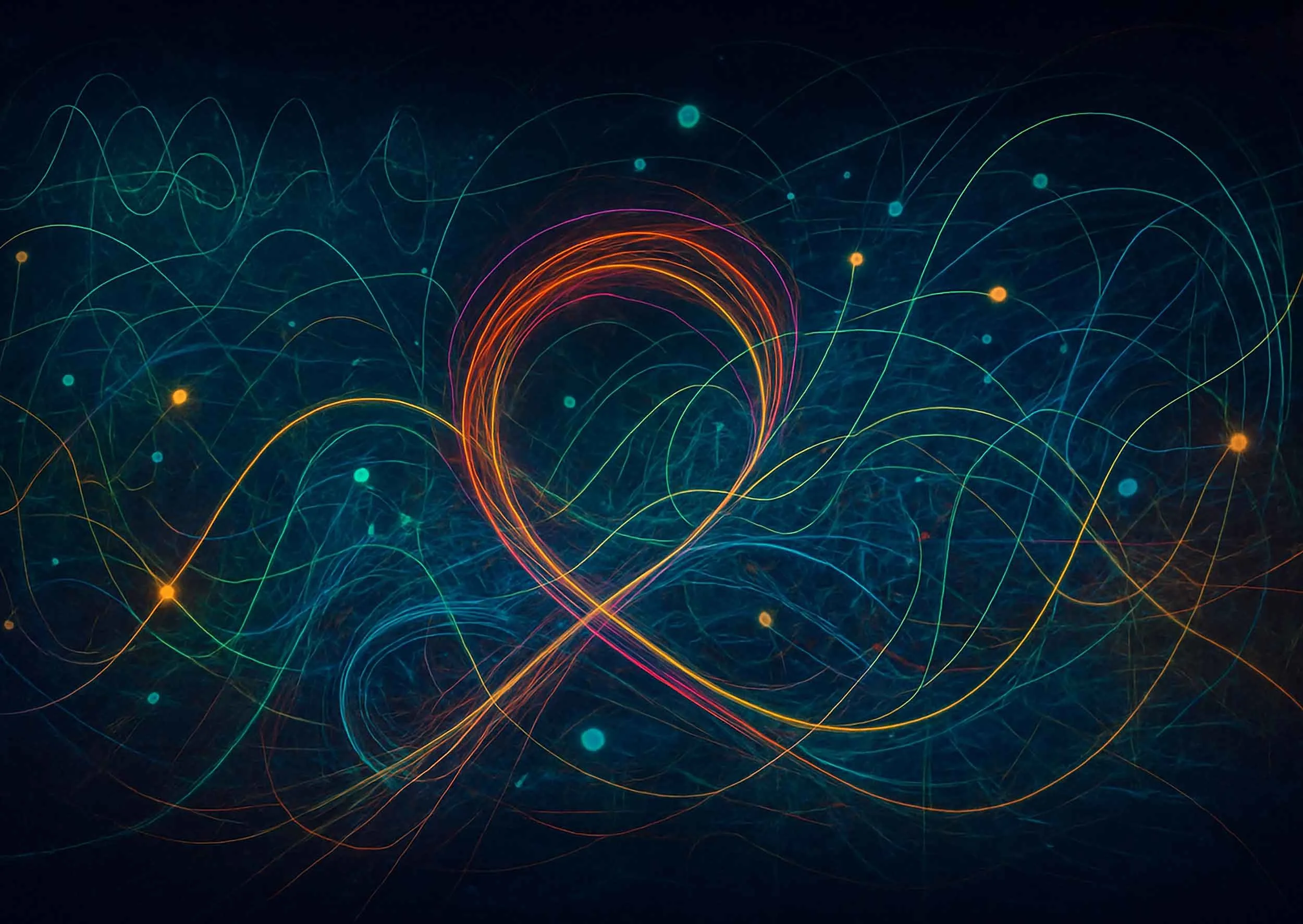 Colorful light trails forming a heart shape with a background of interconnected lines and dots in a dark setting.