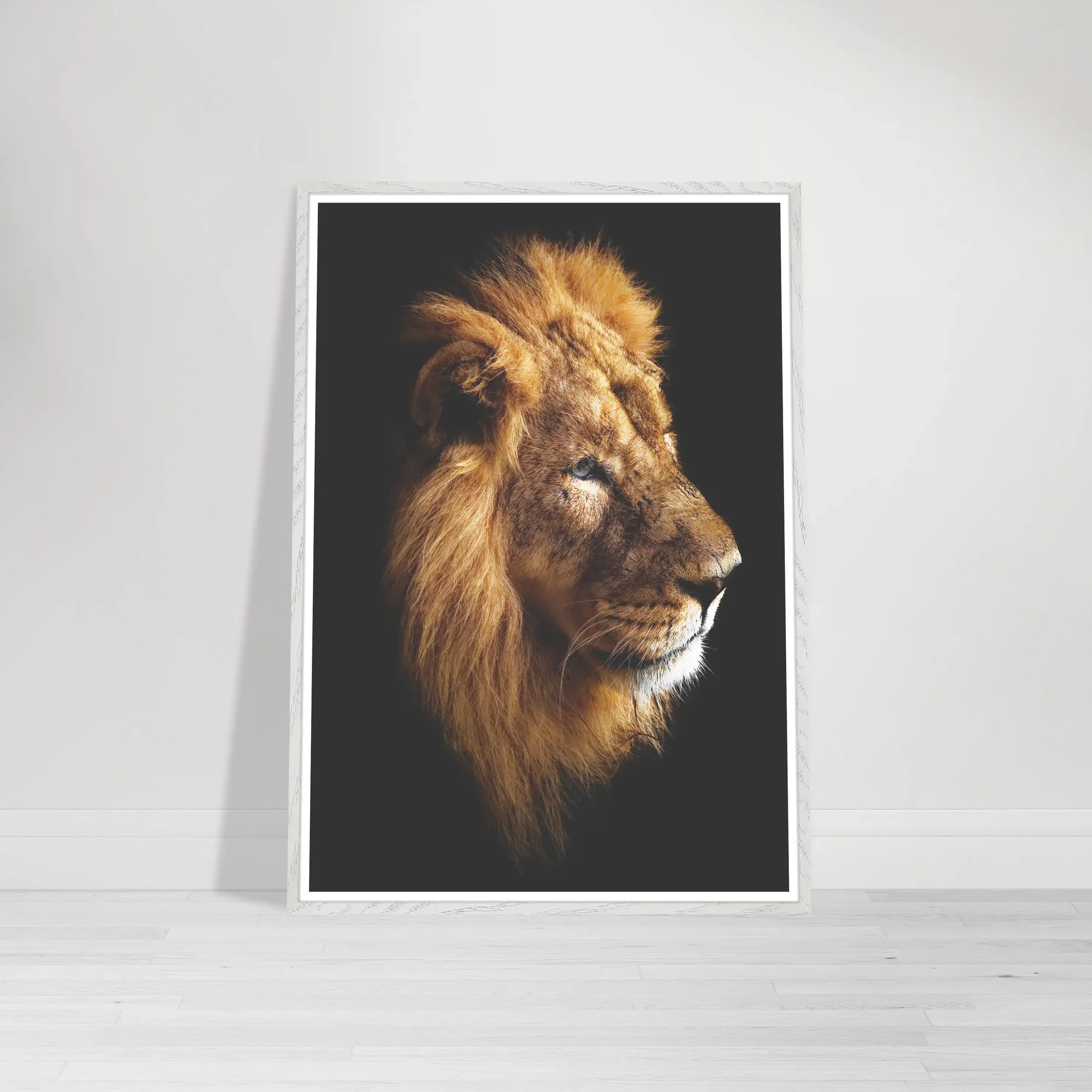 Portrait of a lion white frame fine art print – symbol of strength, courage, and wisdom.