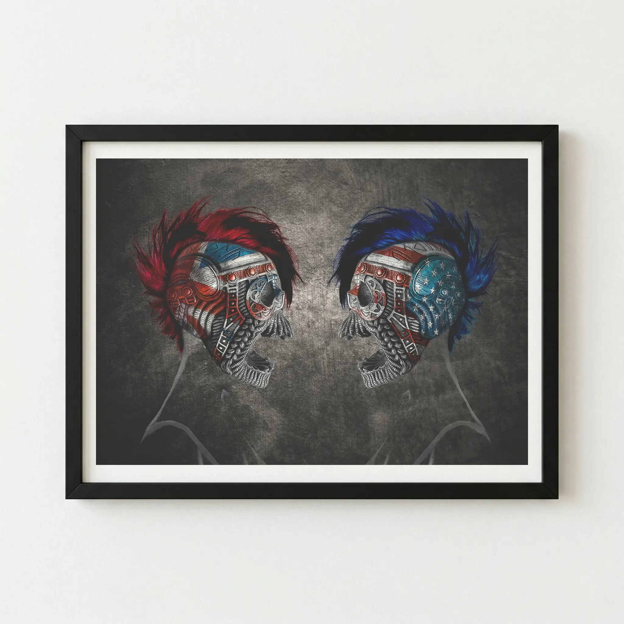 The 'Imperium Chaos' print in a black wooden frame, which intensifies the dark, industrial background and the vibrant red and blue mohawks.