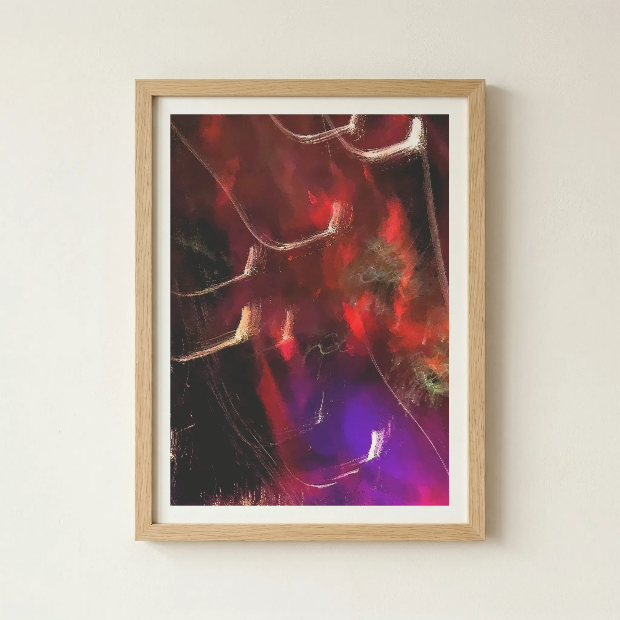 'Dimension and Future' fine art print in a natural wood frame, adding an organic, earthy touch to the fluid, high-energy abstract.