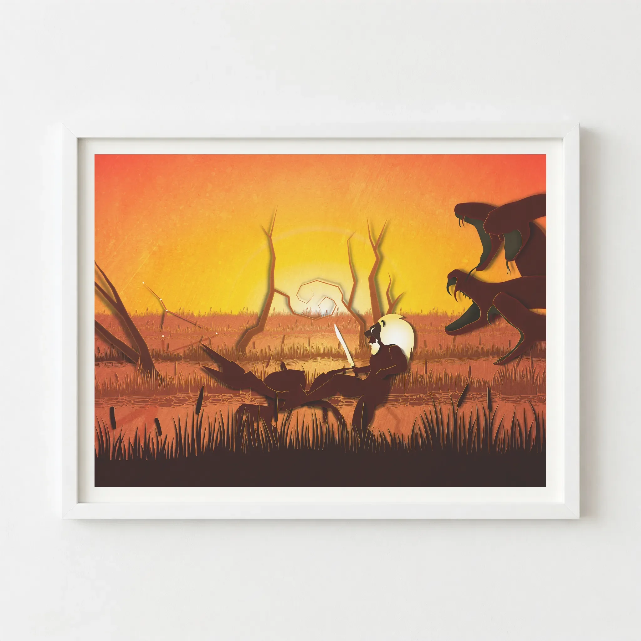 'Cancer the Crab' print in a modern white frame, providing a clean, bright border that accents the yellow highlights of the sunset.
