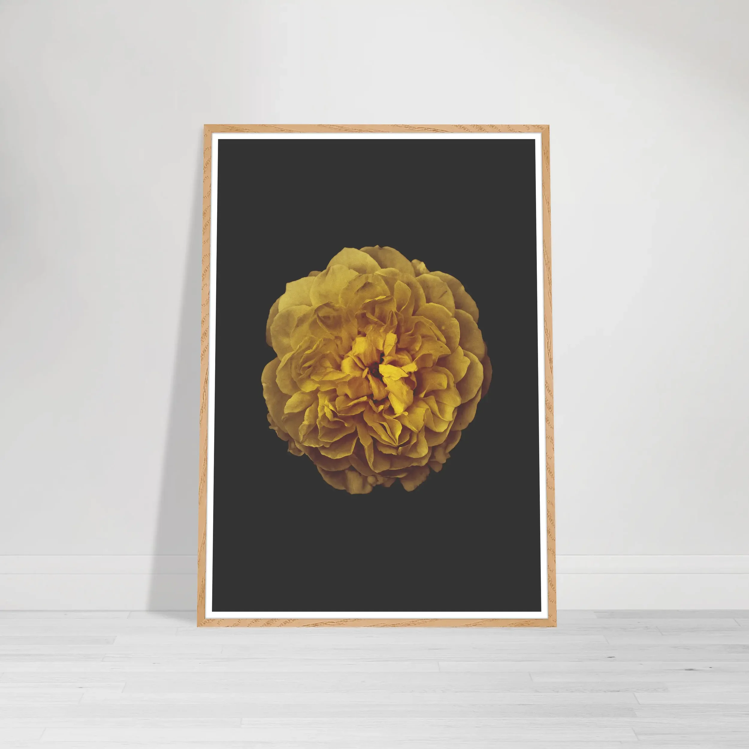 'Rose' print in a natural wood frame, adding an earthy warmth that complements the organic, floral subject matter.