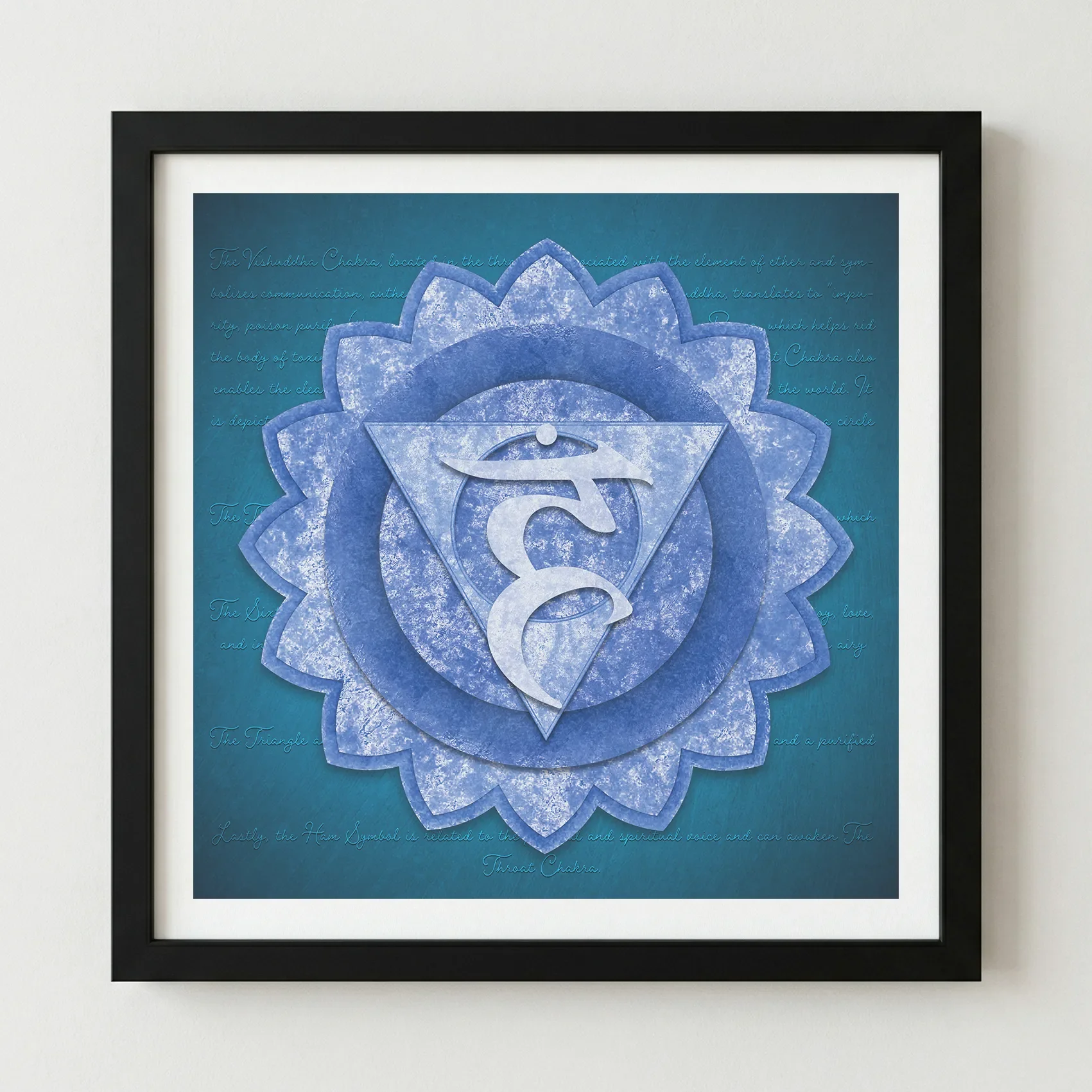 The Throat Chakra print in a black wooden frame, providing a bold, modern contrast that makes the vibrant blue tones appear more luminous.