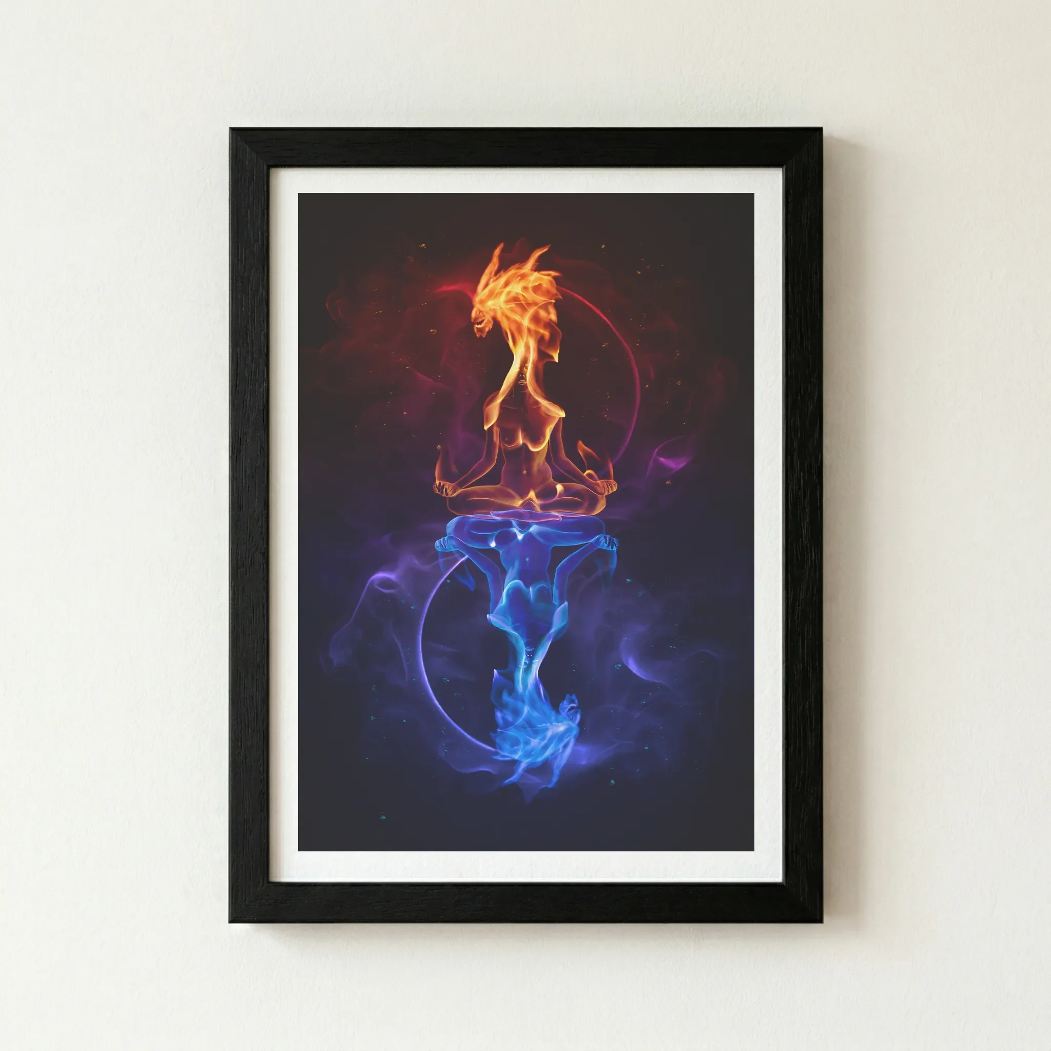 The 'Meditation of Reflection' print in a black wooden frame, providing a seamless border that makes the internal fire and blue energy appear to glow intensely.