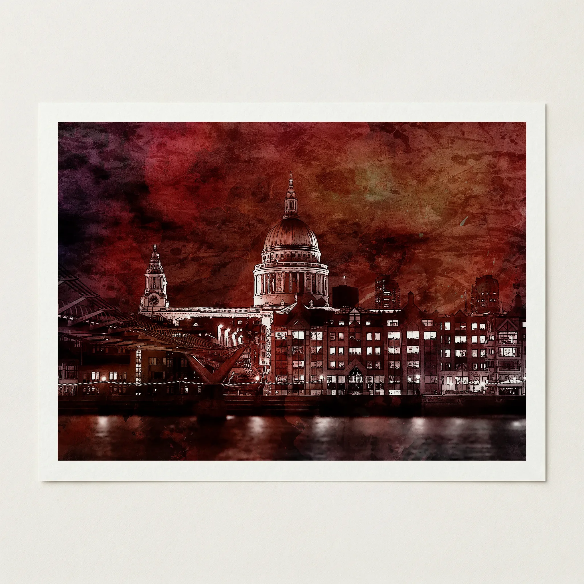 Landscape-oriented Giclée print on 200gsm museum-grade matte paper, featuring the iconic London landmark enveloped in fiery amber and deep shadow.