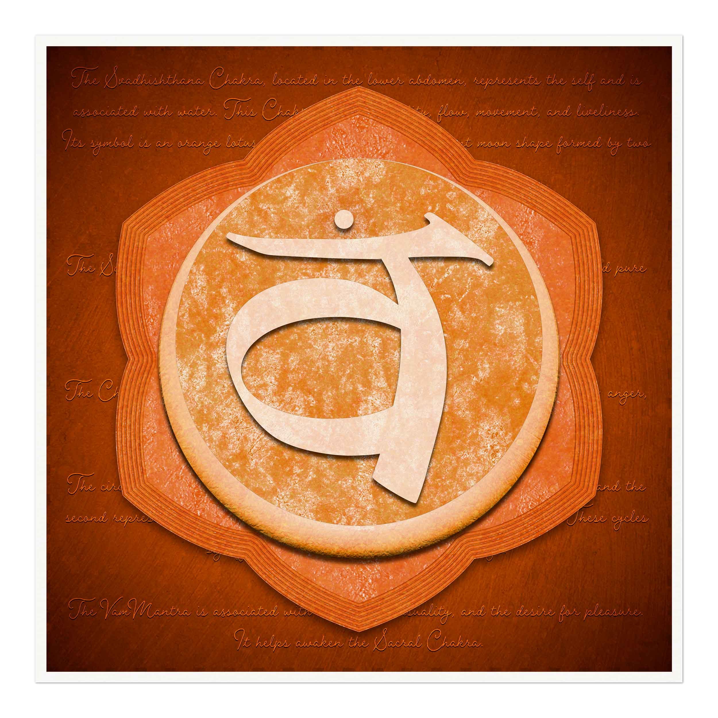 The Sacral Chakra in a orange background with a description of the charka in a fine art print