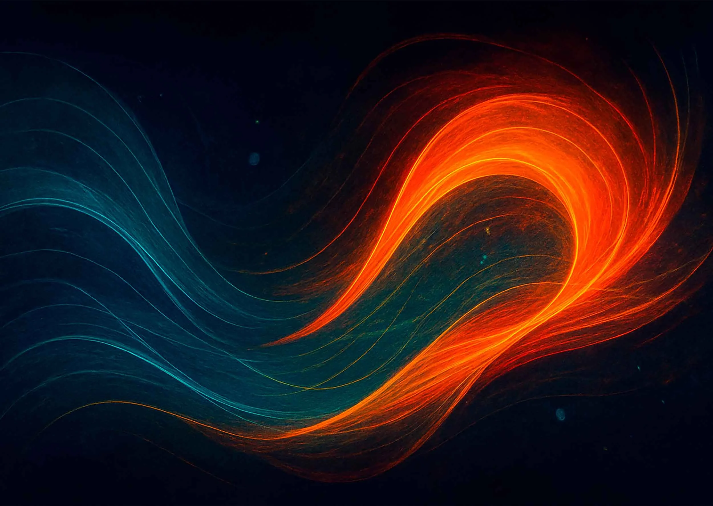 An abstract digital artwork where colours and shapes shift in flowing waves. Blues curve inward, quiet and restrained, while golden and red streaks expand outward — sorrow and joy translated into geometry.