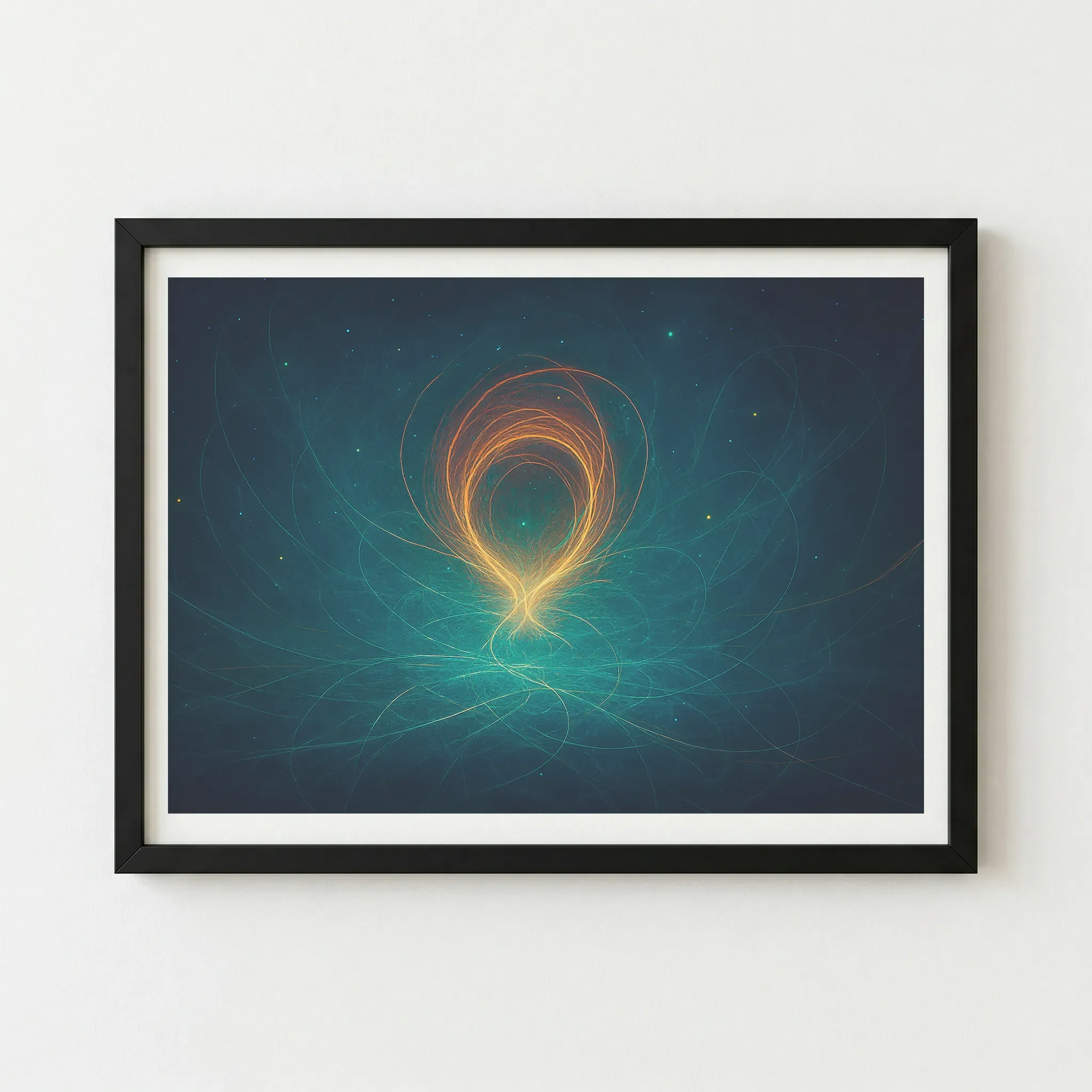 'The First Light' print in a black wooden frame, providing a bold border that intensifies the glowing teal and orange hues of the celestial artwork.