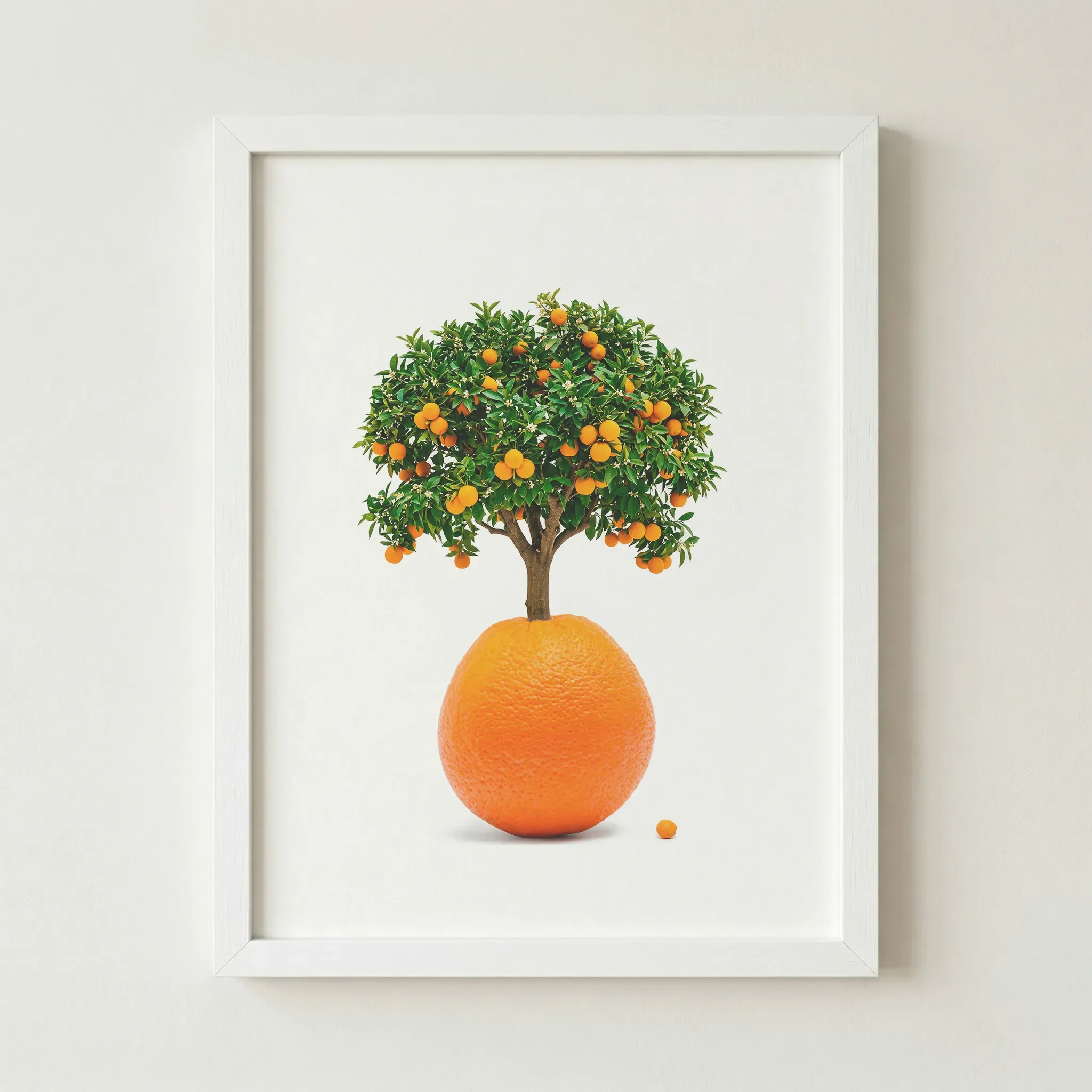 'The Orange Tree' fine art print in a white frame for a seamless, minimalist aesthetic that emphasises the vibrant citrus hues and foliage.