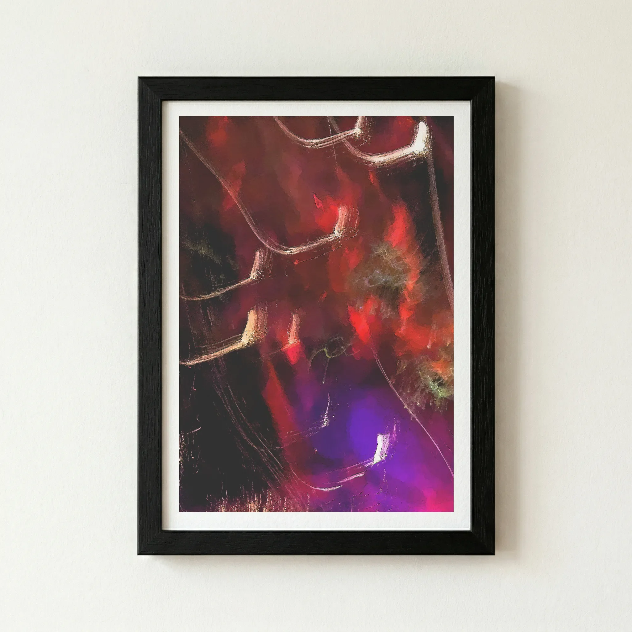 The 'Dimension and Future' ICM print in a black wooden frame, which grounds the deep crimson tones and enhances the cinematic feel of the motion.