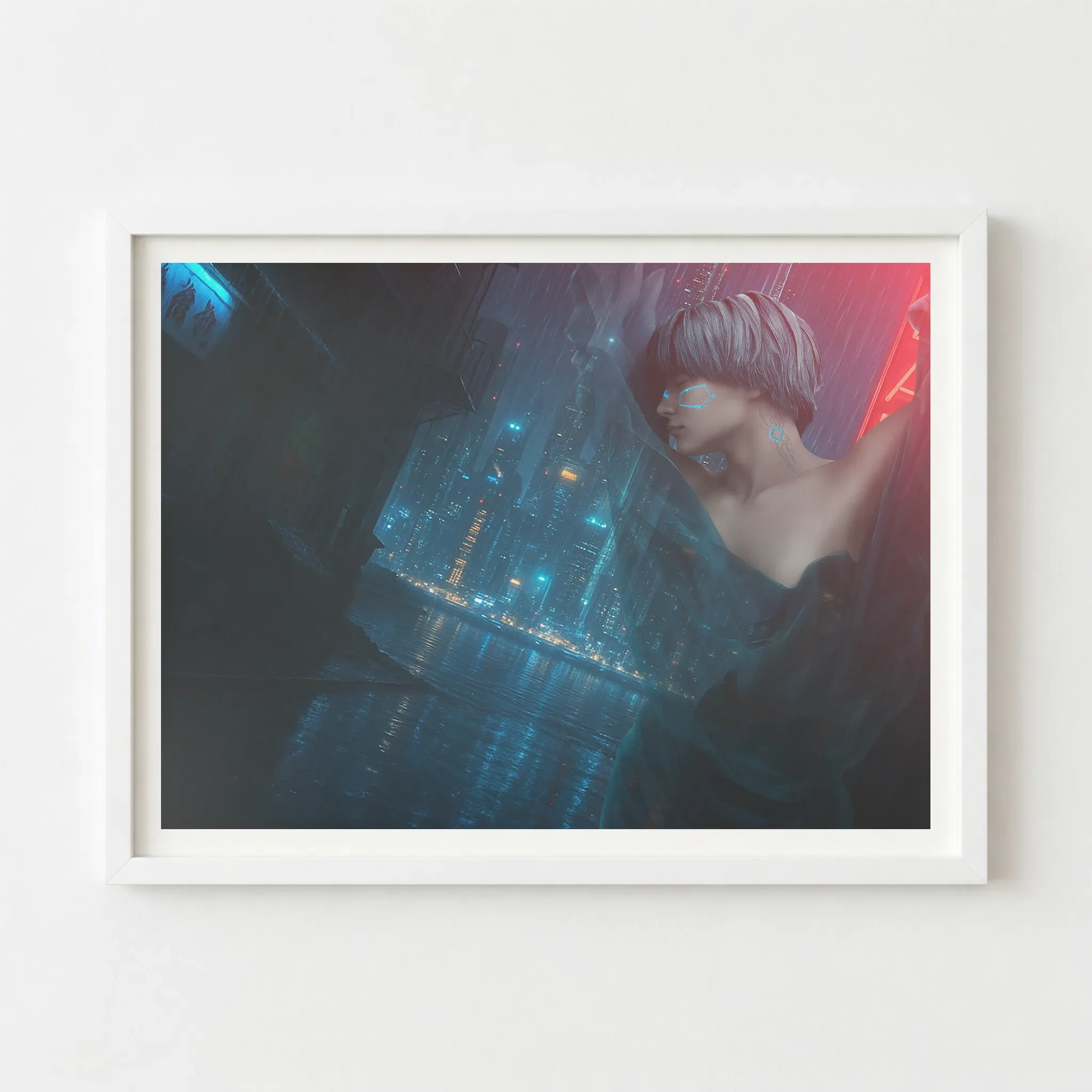Futuristic android art in a white frame, creating a sharp contrast that makes the neon blues and vibrant city lights "pop".