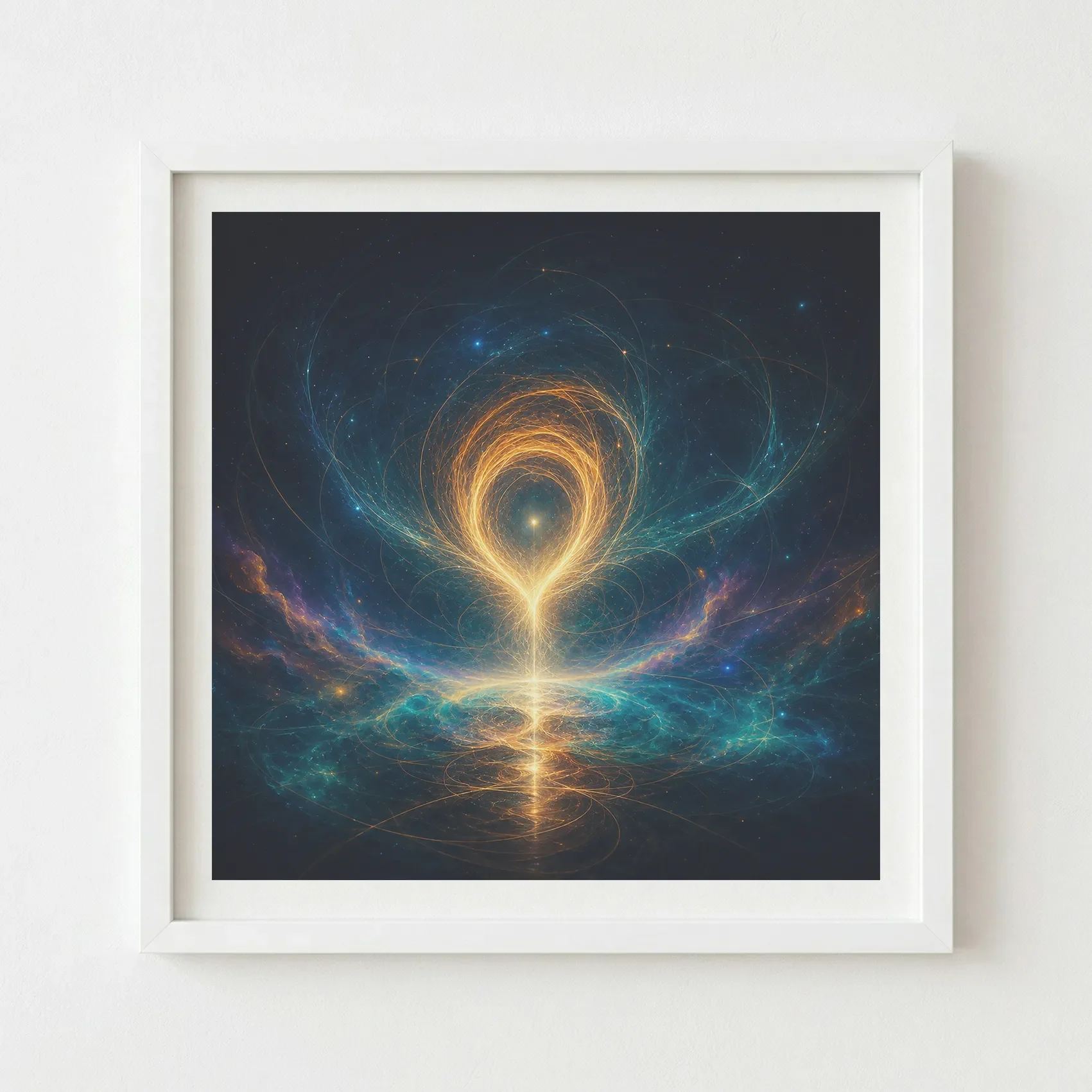A single golden thread rises from a field of deep blue darkness, gathering energy as it curls inward and begins to take form. White Frame Print