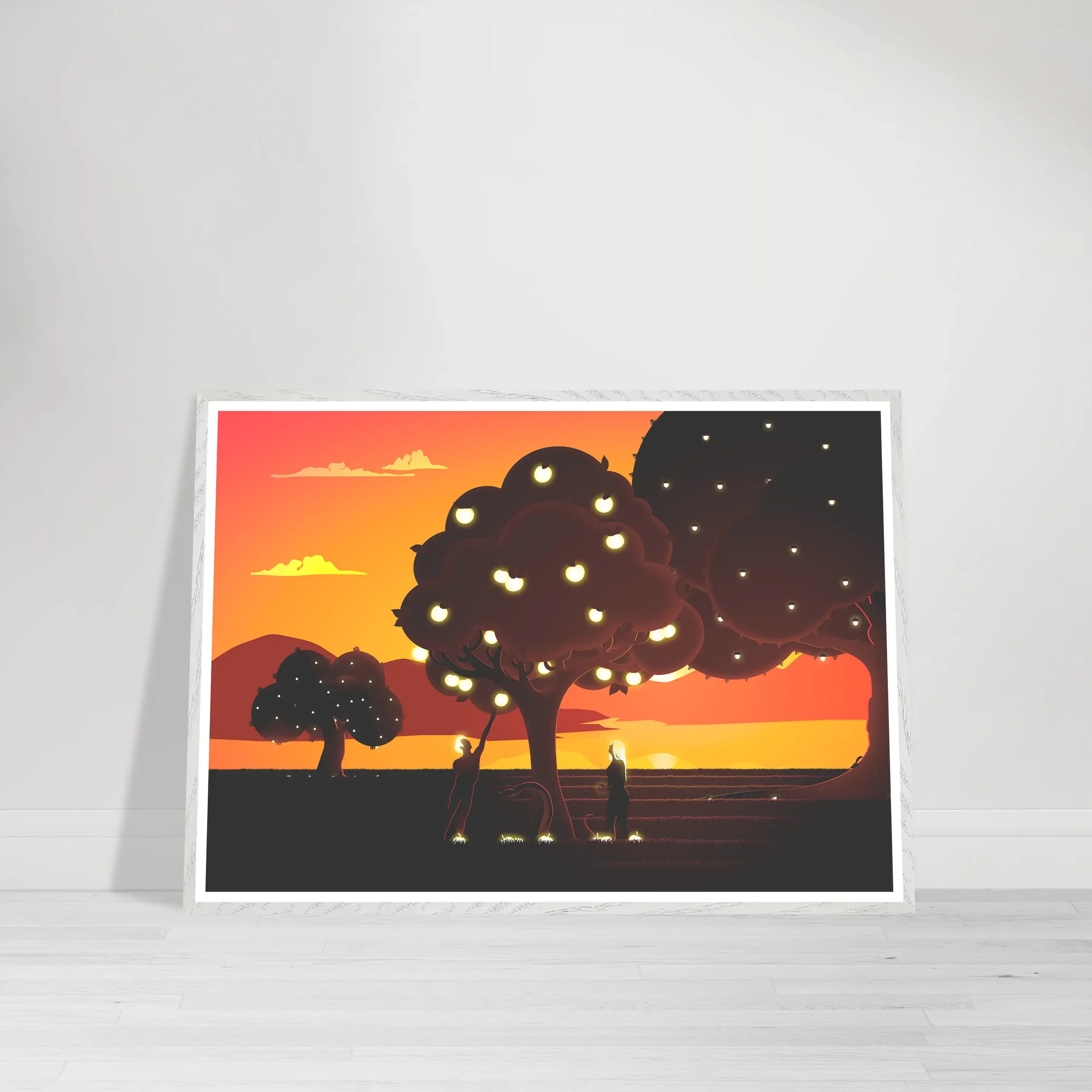 Adam and Eve beneath the glowing Tree of Knowledge at sunset with golden apples on a white frame