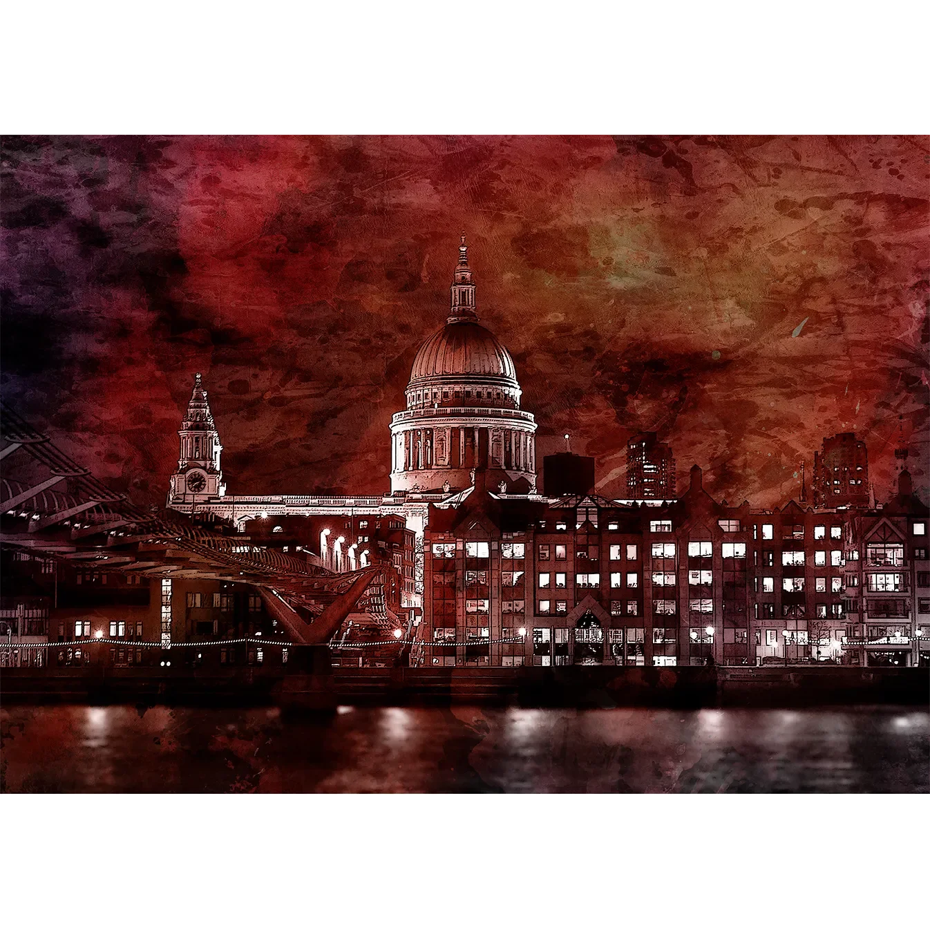 A dramatic, high-contrast illustration of the modern St Paul’s Cathedral dome silhouetted against a fierce, glowing orange sky, created to commemorate the Great Fire of London.