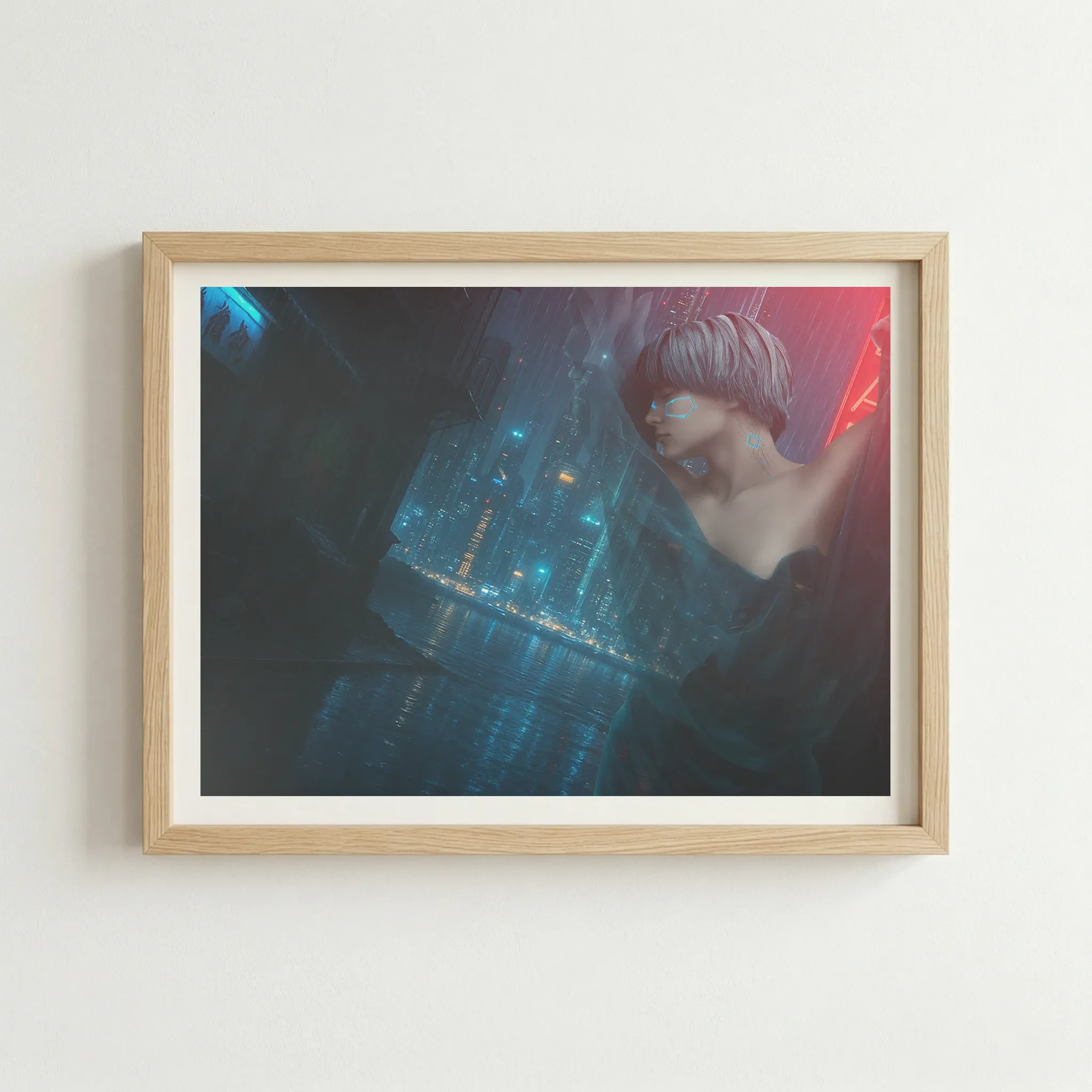 'Heavy Rain' digital art in a natural wood frame, providing a grounded, organic counterpoint to the high-tech, artificial world of the image.
