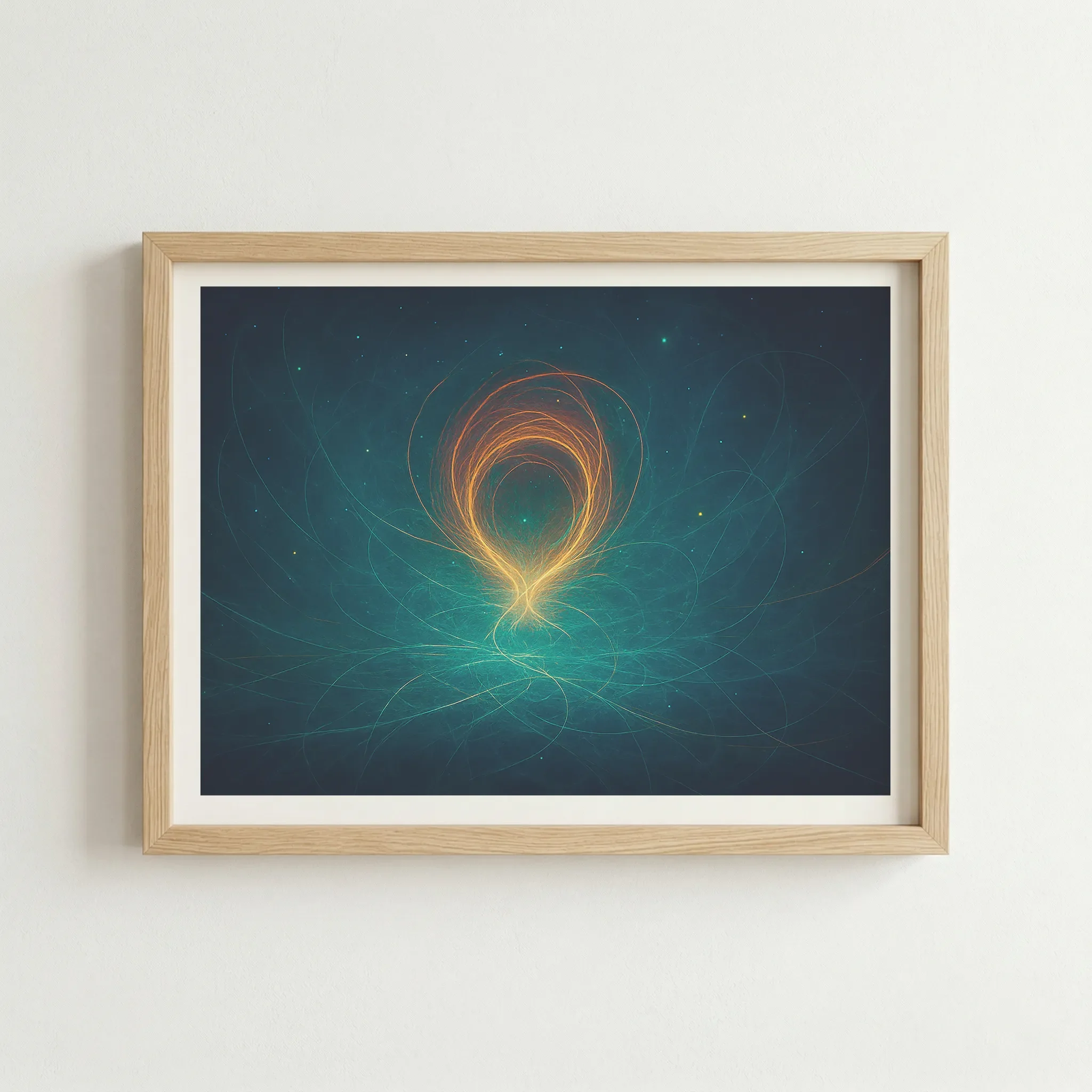 'The First Light' in a natural wood frame, adding an organic touch to the cosmic and digital energy theme.