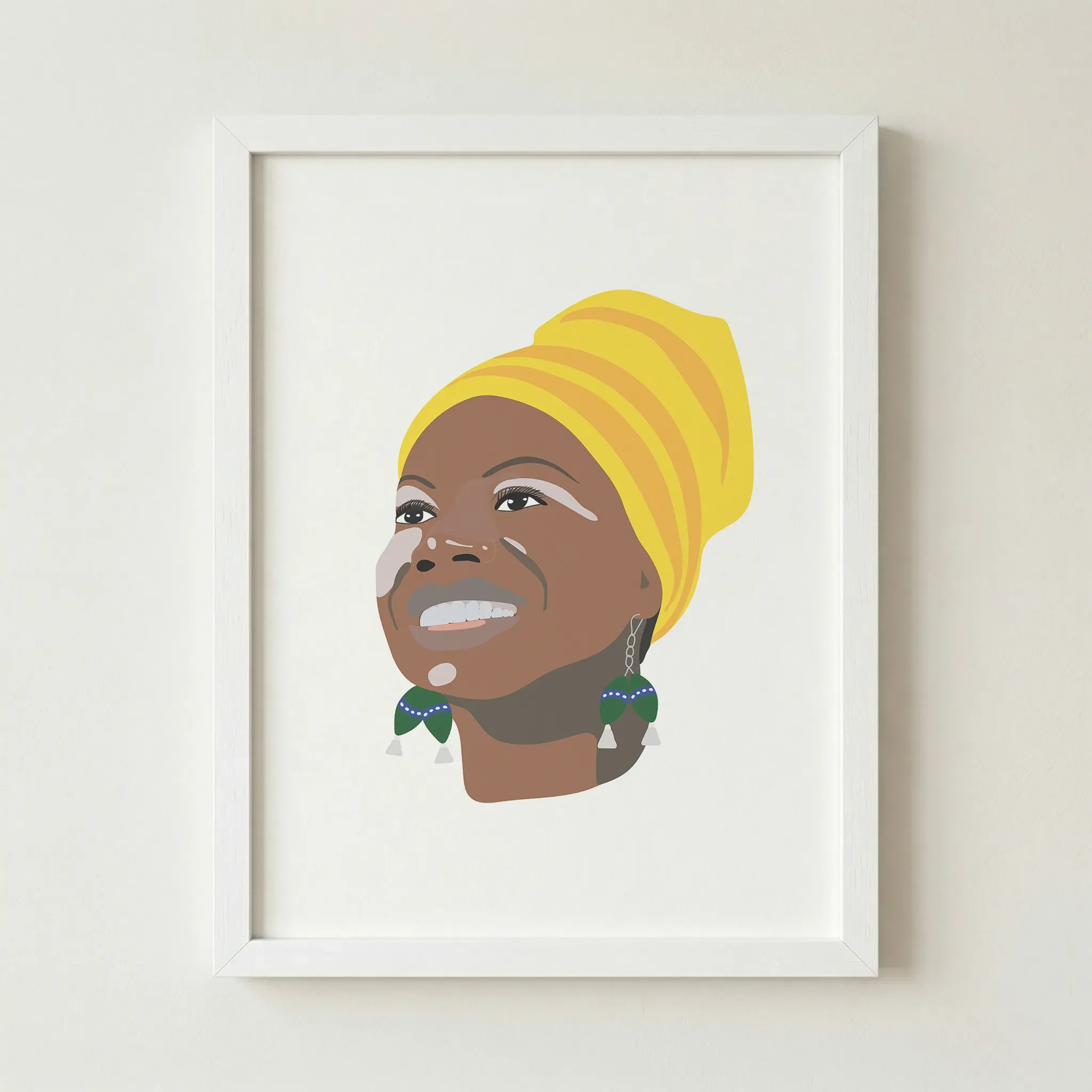 'Nina Simone' portrait in a white frame, creating a seamless, contemporary look that emphasises the brightness and joy of the illustration.