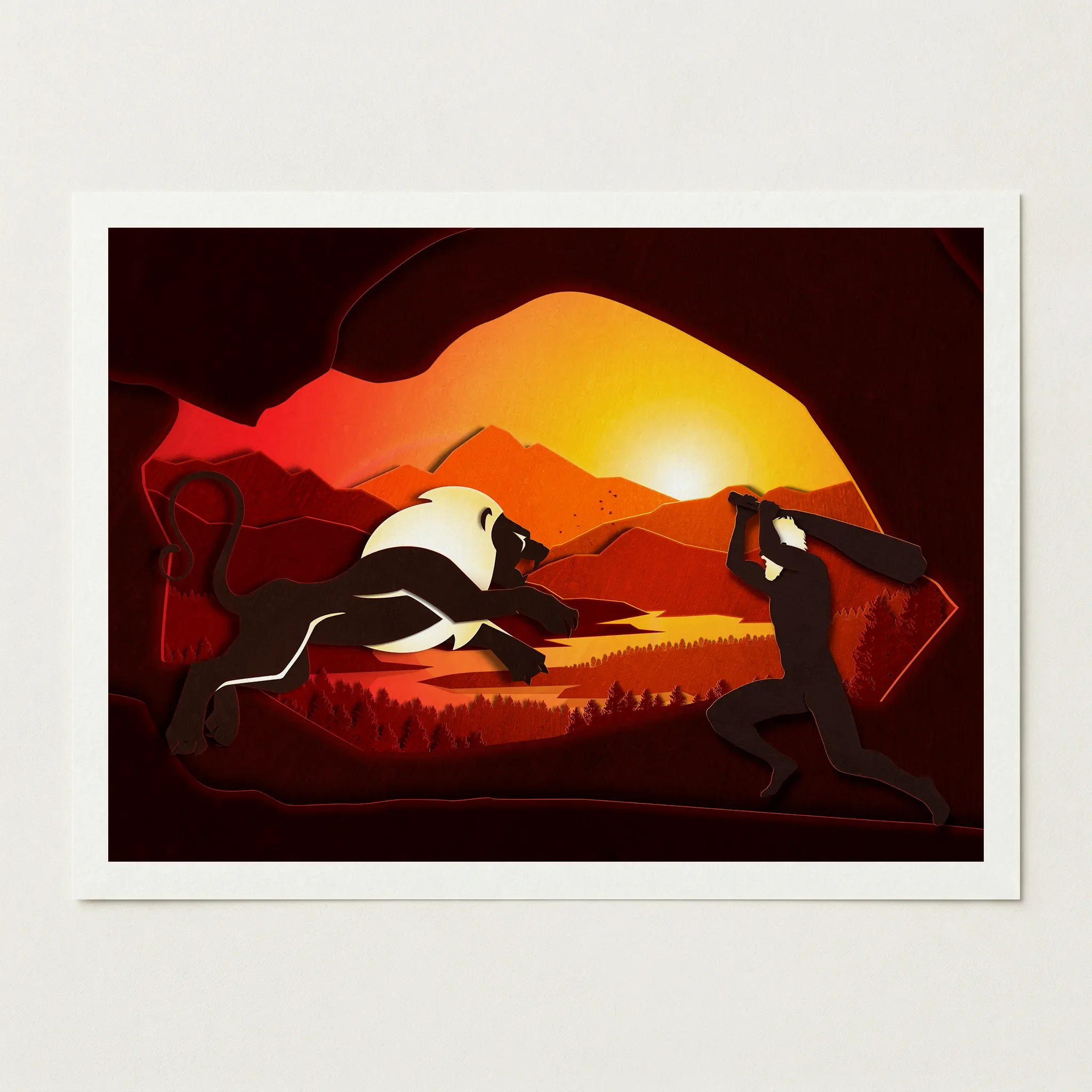 Landscape-oriented Giclée print of 'Leo: The Lion' on 200gsm archival matte paper, showing the rich, multi-layered textures of the mountain scenery.
