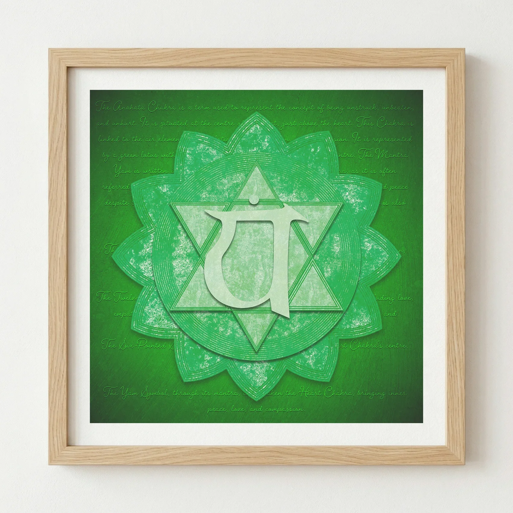 Heart Chakra print in a natural oak-style wood frame, adding an organic and grounding feel.