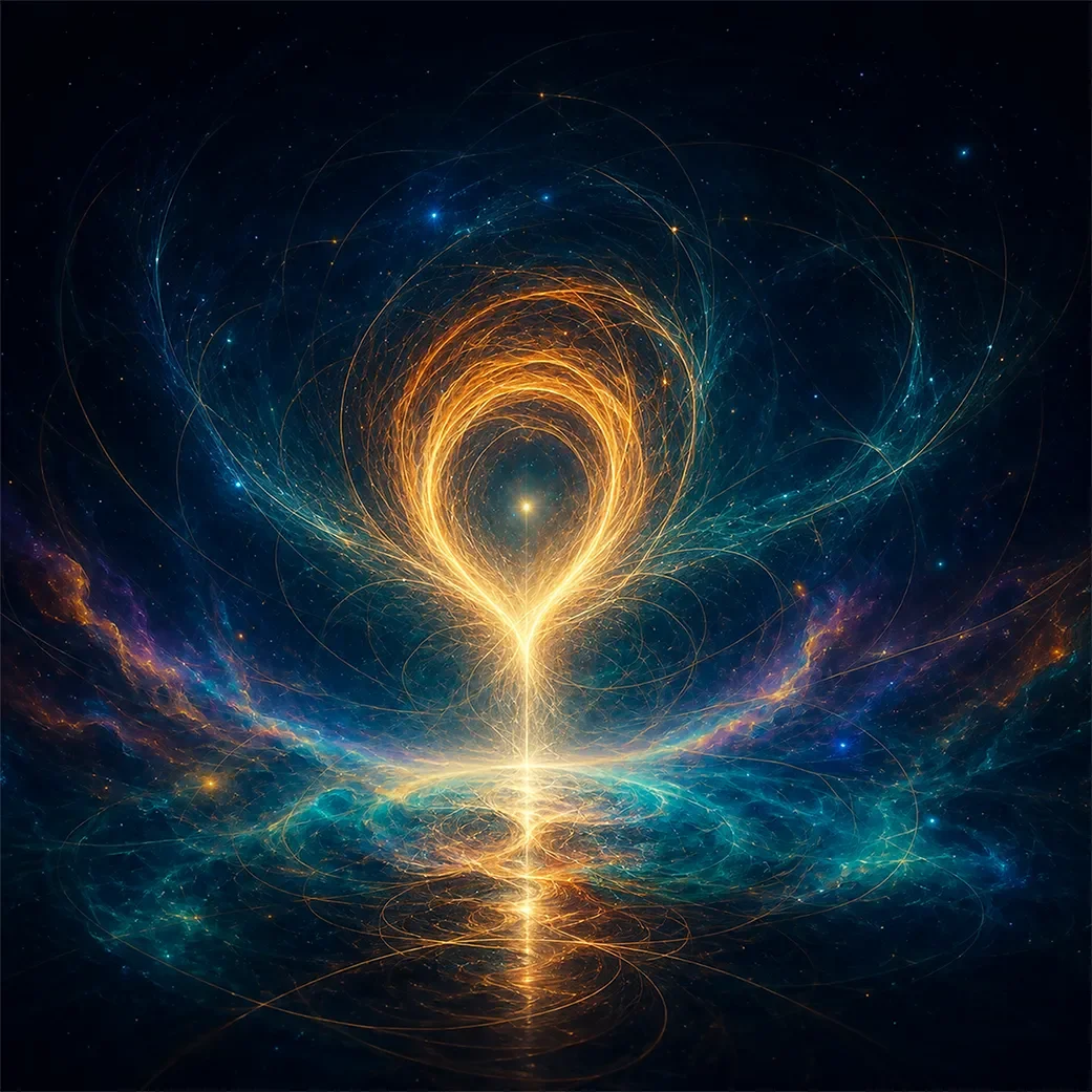 A single golden thread rises from a field of deep blue darkness, gathering energy as it curls inward and begins to take form.