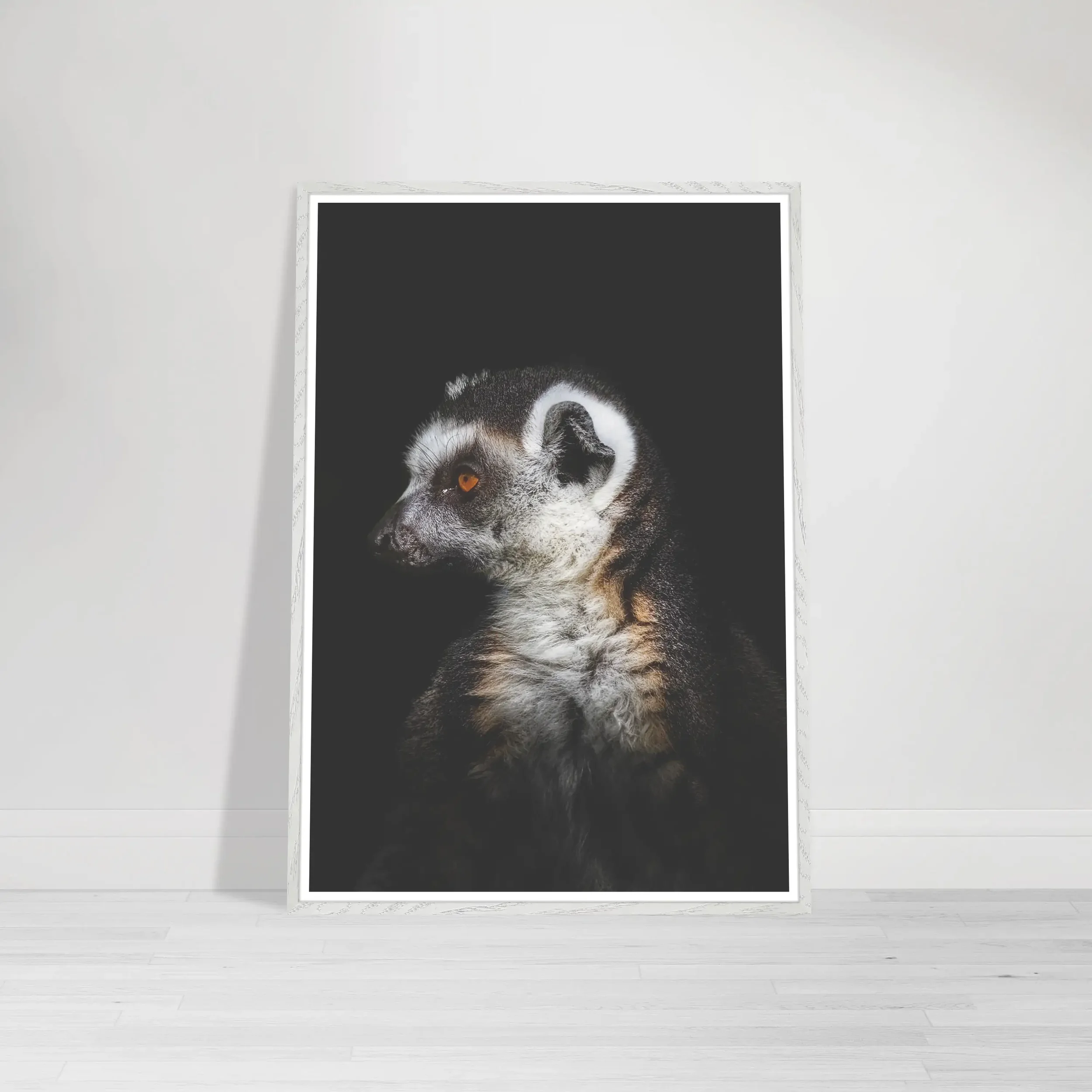 Close-up portrait of a ring-tailed lemur showing its bright eyes and striped tail in a white frame