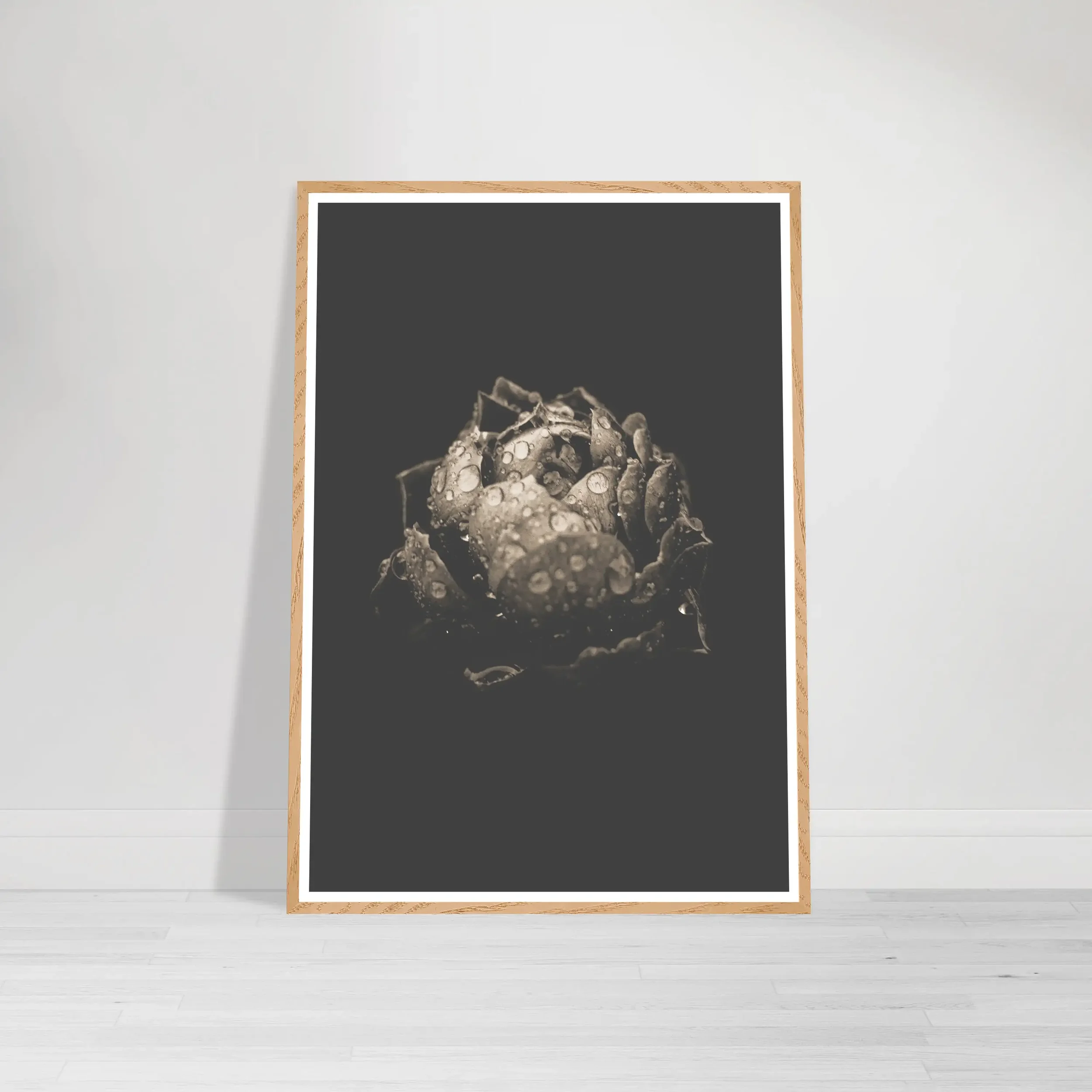 Beautiful Imperfection series artwork featuring a textured water-drenched black rose in a fine art wood frame