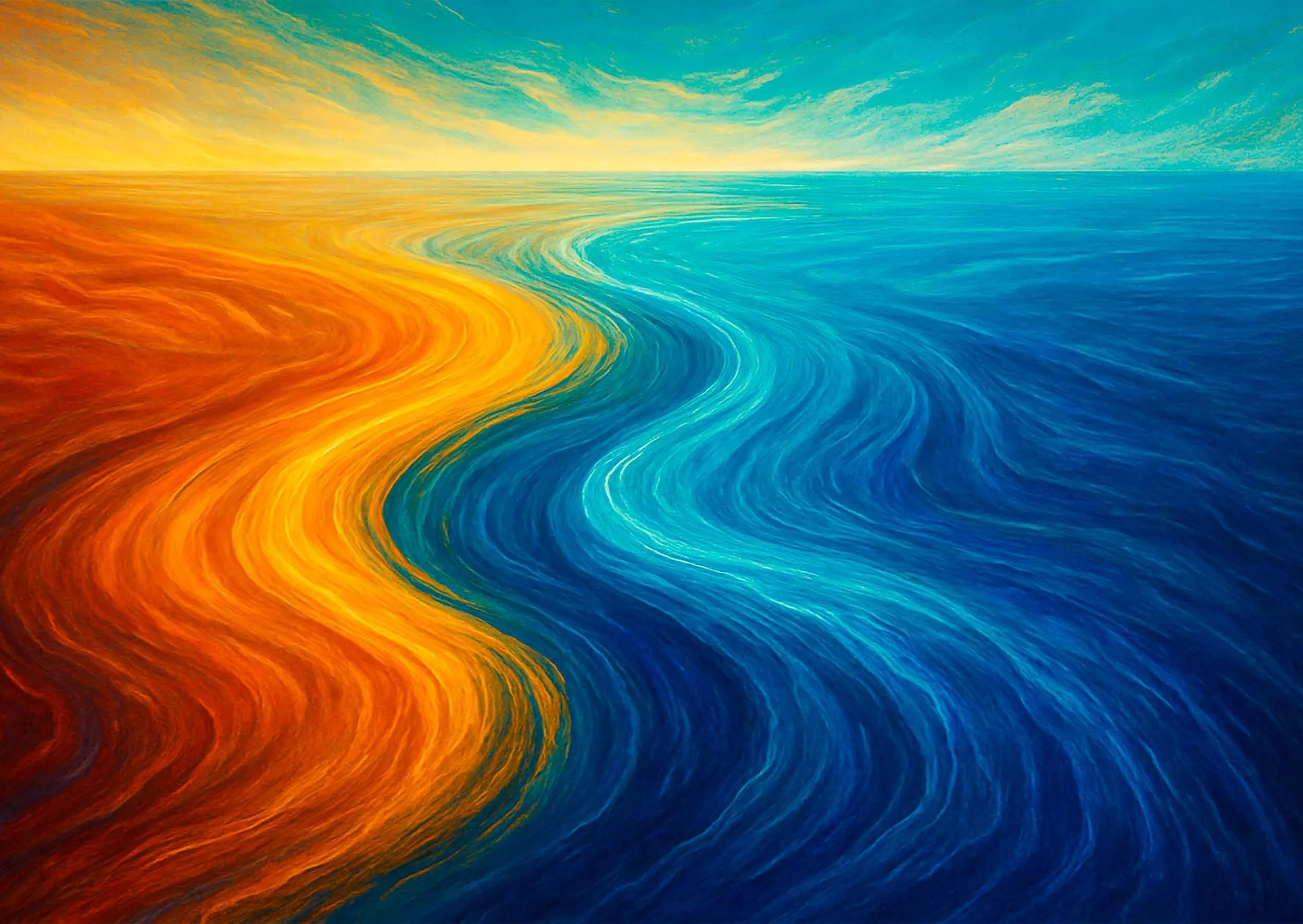 An artwork of two rivers merging into one ocean