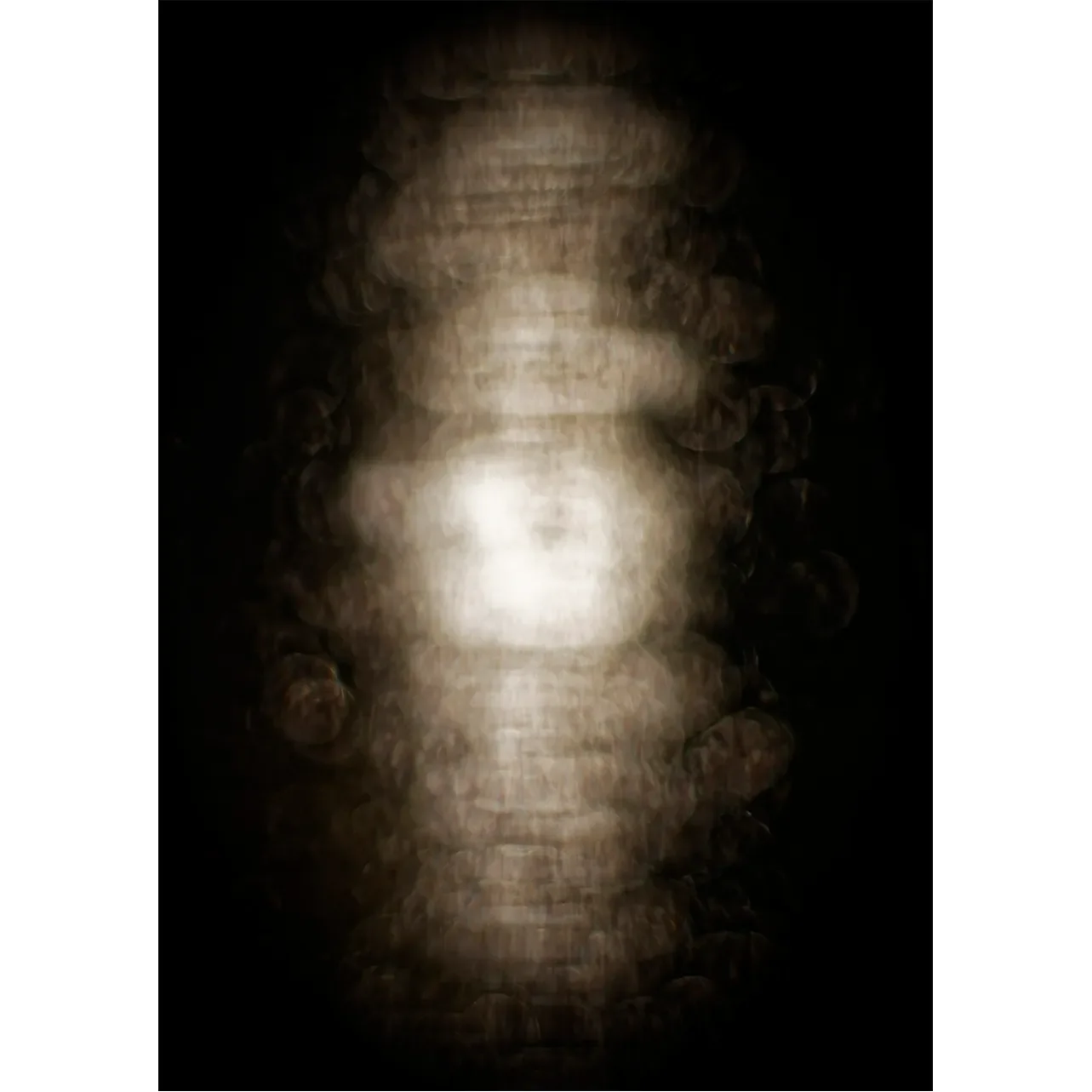 Moody, abstract fine art print of a radiant central glow protected by dark, organic textures in a warm sepia-toned void.