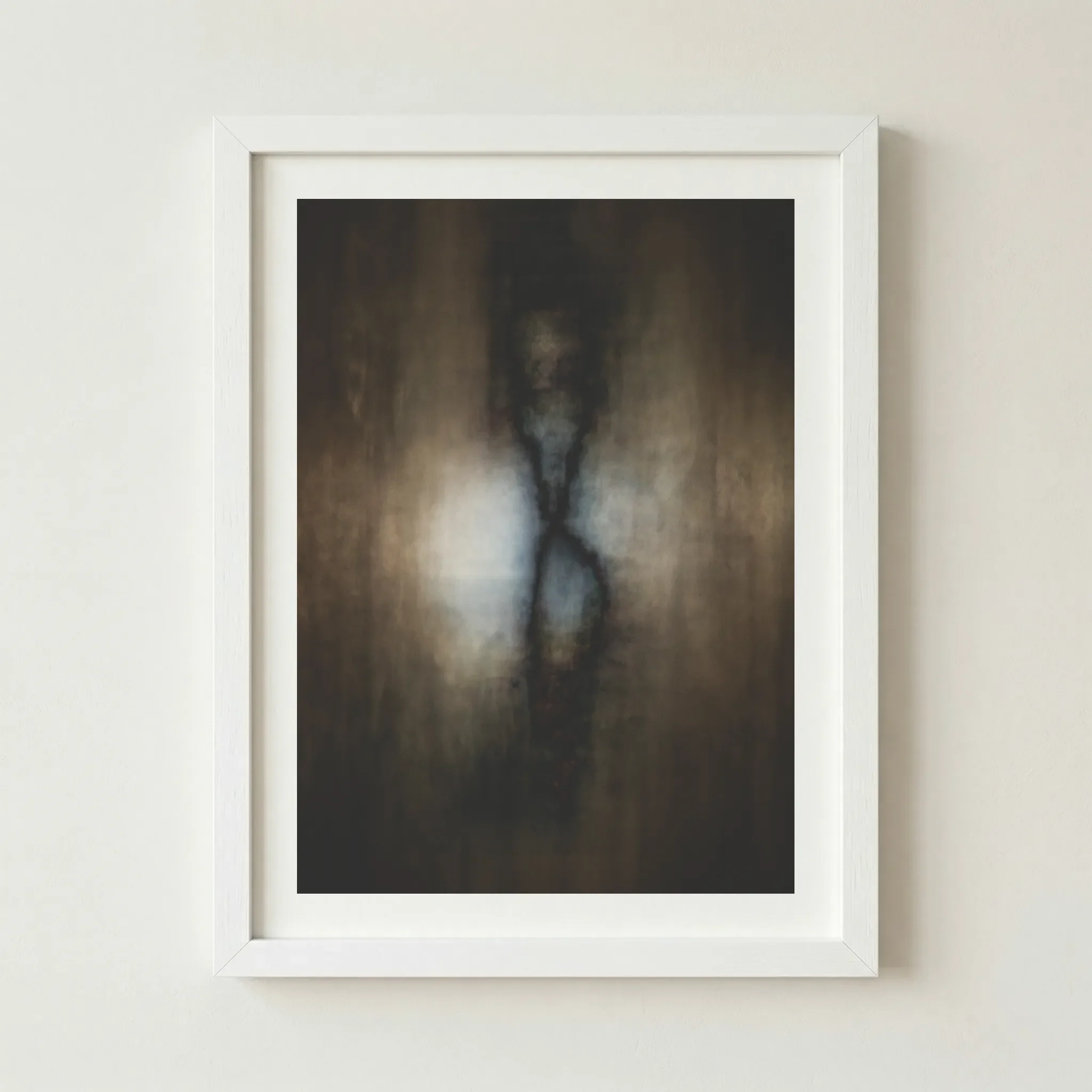 Modern abstract butterfly print in a white frame, creating a sharp contrast that makes the central light "pop" amidst the dark textures.