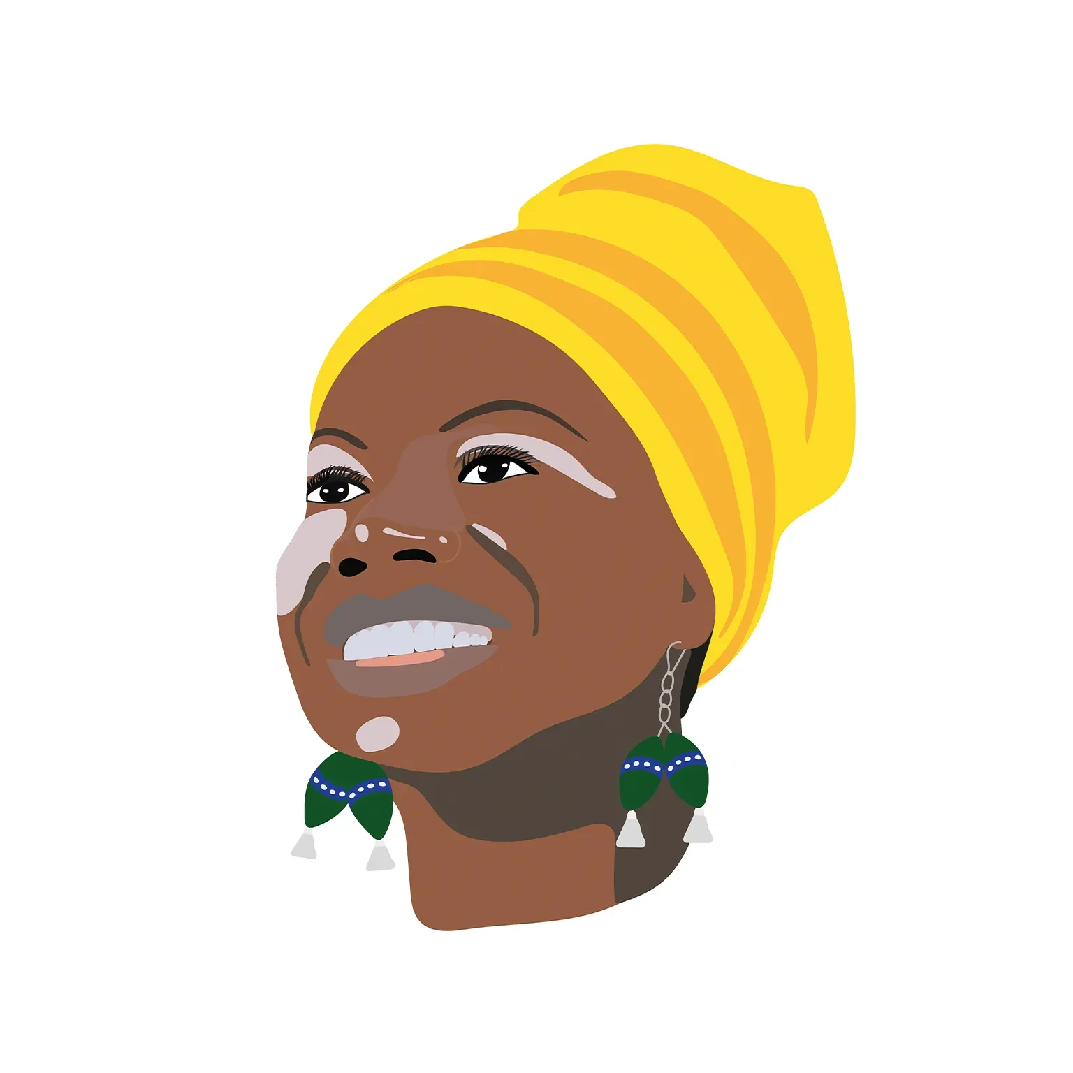 Minimalist digital fine art portrait of jazz icon Nina Simone wearing a bold yellow headwrap and green earrings.