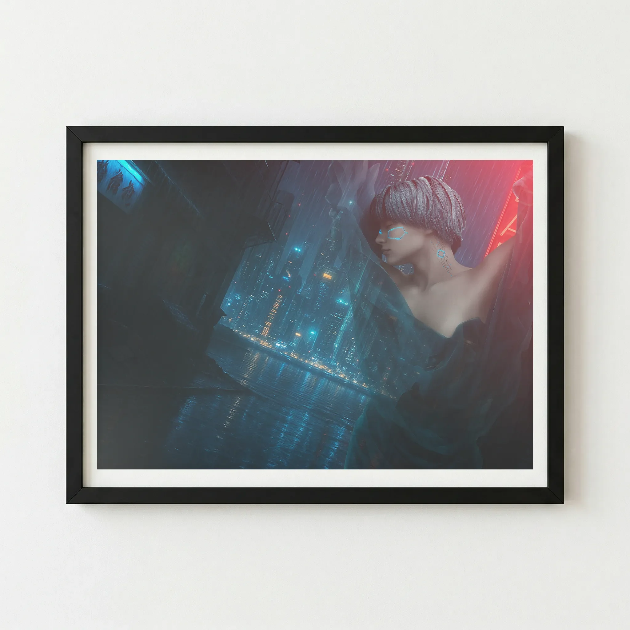 The 'Heavy Rain' cyberpunk print in a black wooden frame, which acts as a seamless extension of the urban night and deep atmospheric shadows.