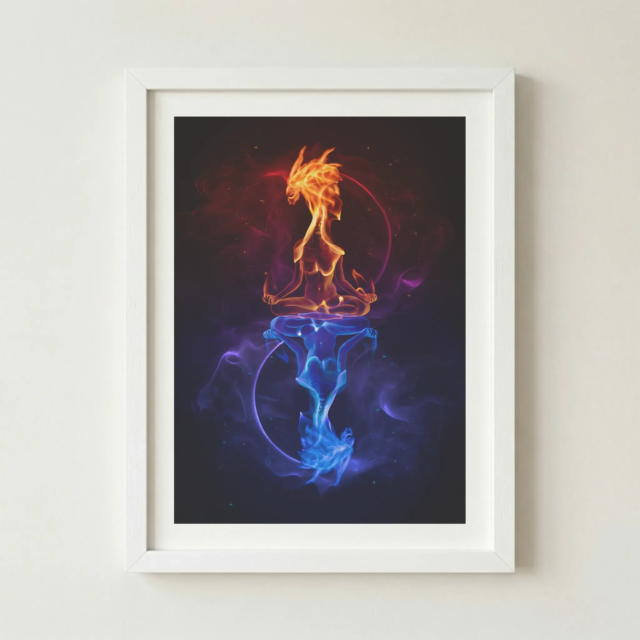'Meditation of Reflection' fine art print in a white frame, creating a sharp, contemporary contrast that emphasizes the intricate swirls of orange fire and blue energy.