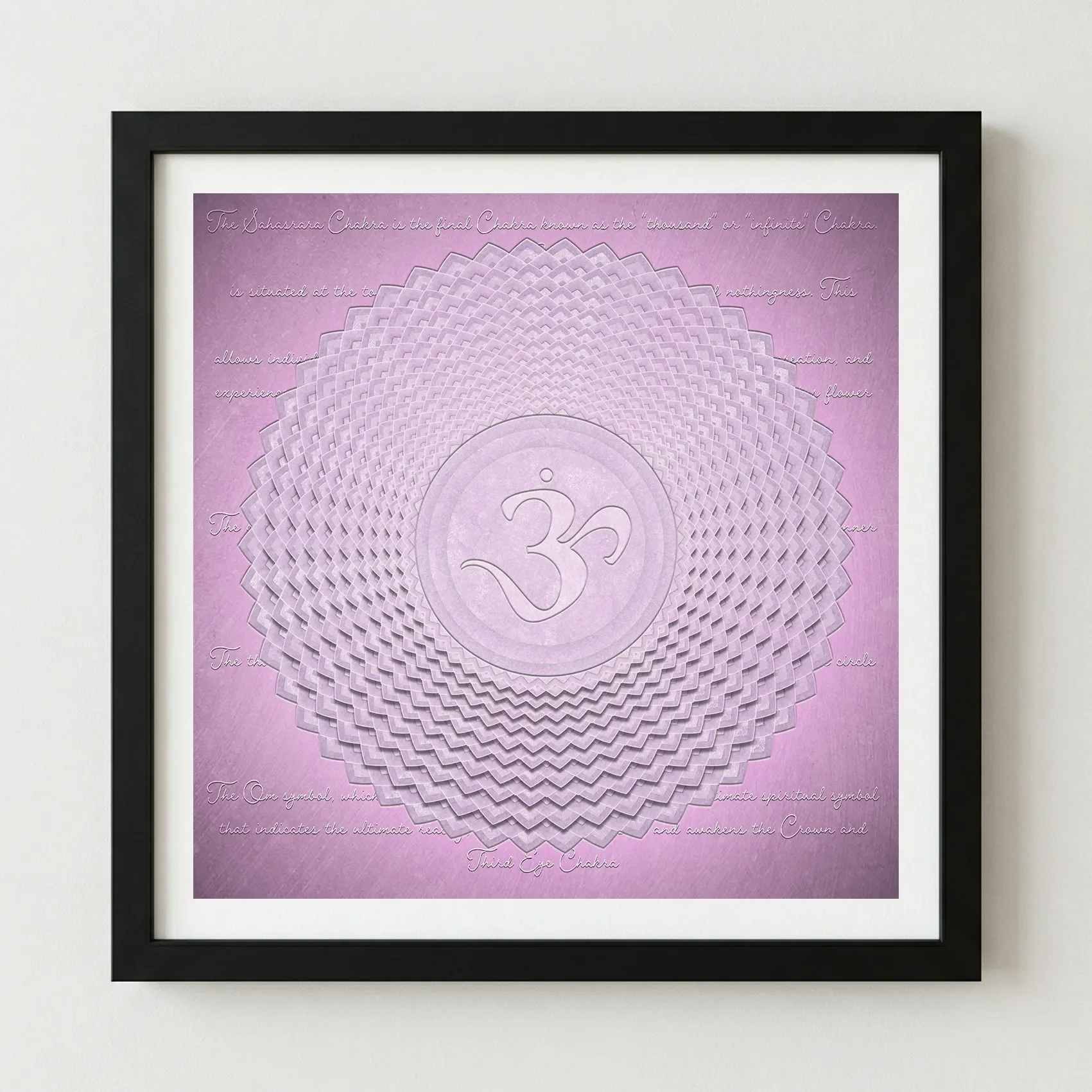 The 'Crown Chakra' print in a black wooden frame, providing a bold, modern contrast that makes the violet tones feel deep and meditative.