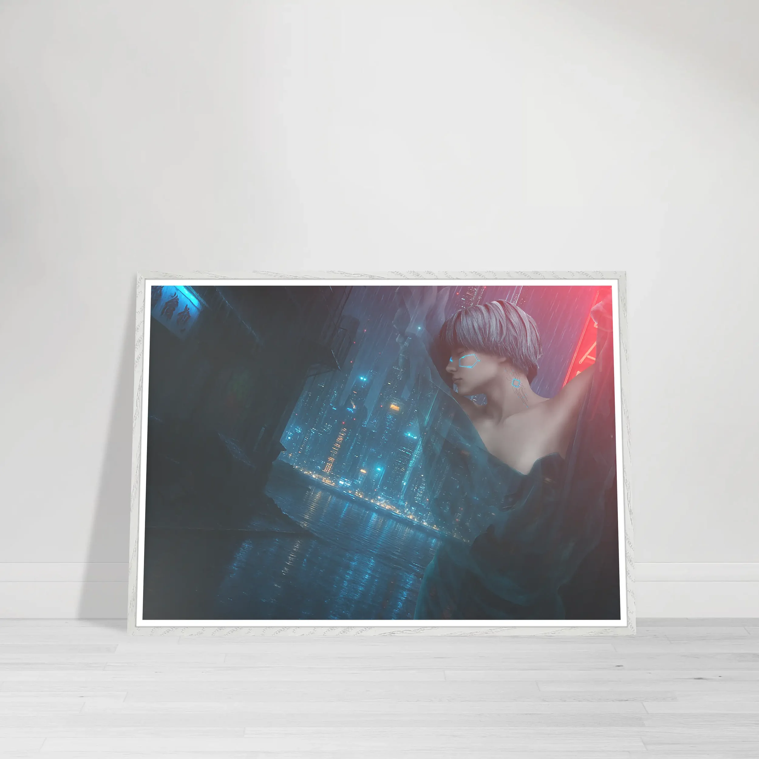 Heavy Rain Fine Art Print in a crisp white frame — clean, modern elegance meets dramatic imagery. A refined choice for contemporary interiors.